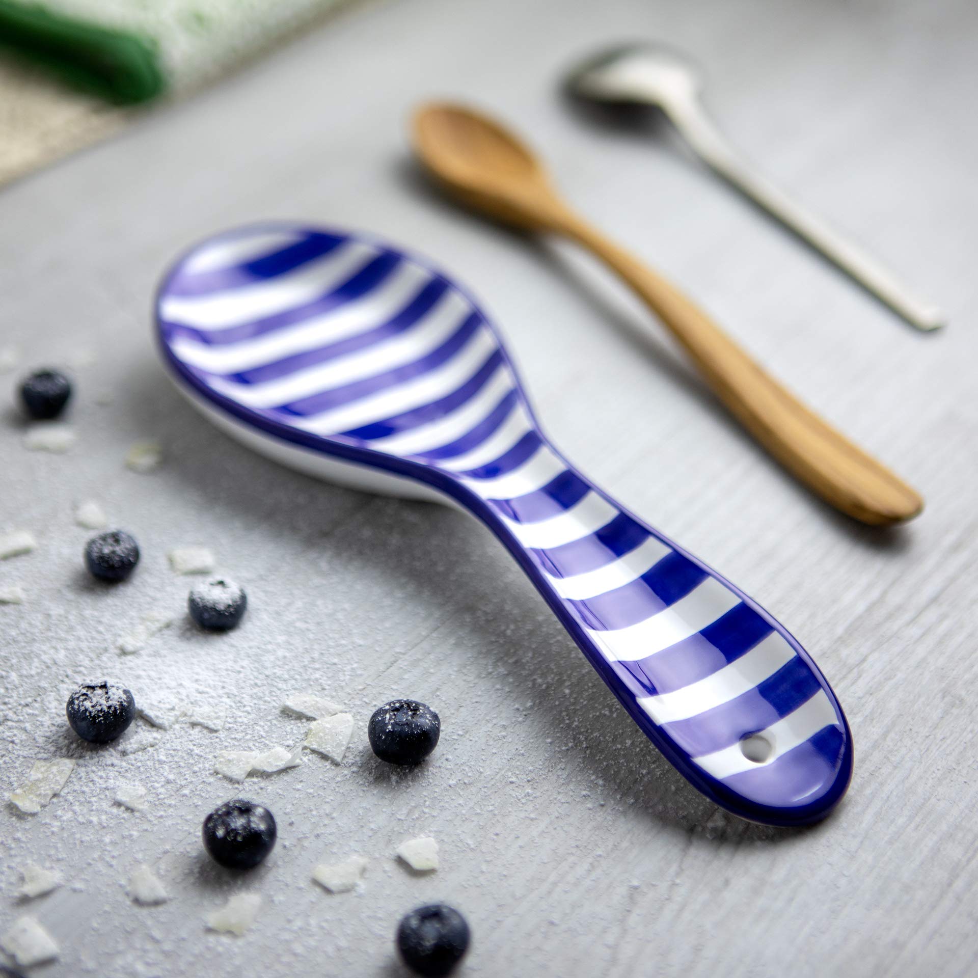 Handmade Dark Navy Blue Stripe Ceramic Kitchen Set of 10 - Canisters, Butter Dish, Egg Cups, Salt & Pepper Shakers, Spoon Rest | Perfect for Farmhouse Decor, Rustic Kitchen Storage & Housewarming Gifts