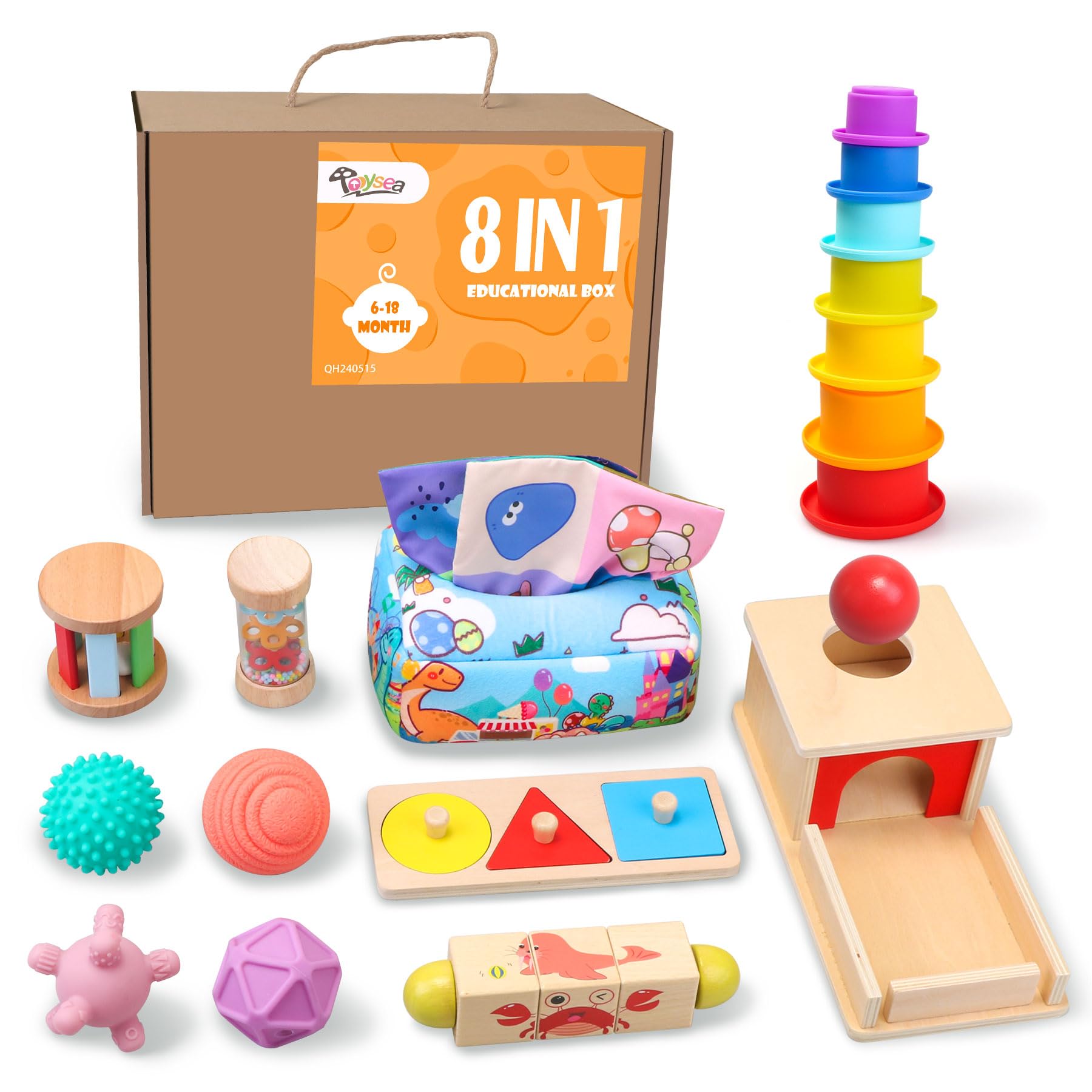 Montessori Toys for Babies 6-12 Months & Toddlers 1-2 Years Old | 8-in-1 Wooden Educational Sensory Toy Set with Stacking Cups, Sensory Balls & Tissue Box | Early Learning Developmental Toys for Infant & Toddler Playtime, Daycare & Home Education