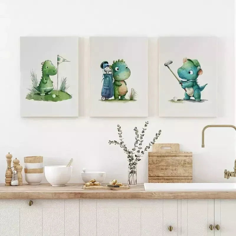 3-Piece Cartoon Dinosaur Wall Art Set - Framed Canvas 50x70cm | High-Quality Print | 100% Australian Made | Ready to Hang | Perfect for Kids' Room, Nursery & Playroom Decor
