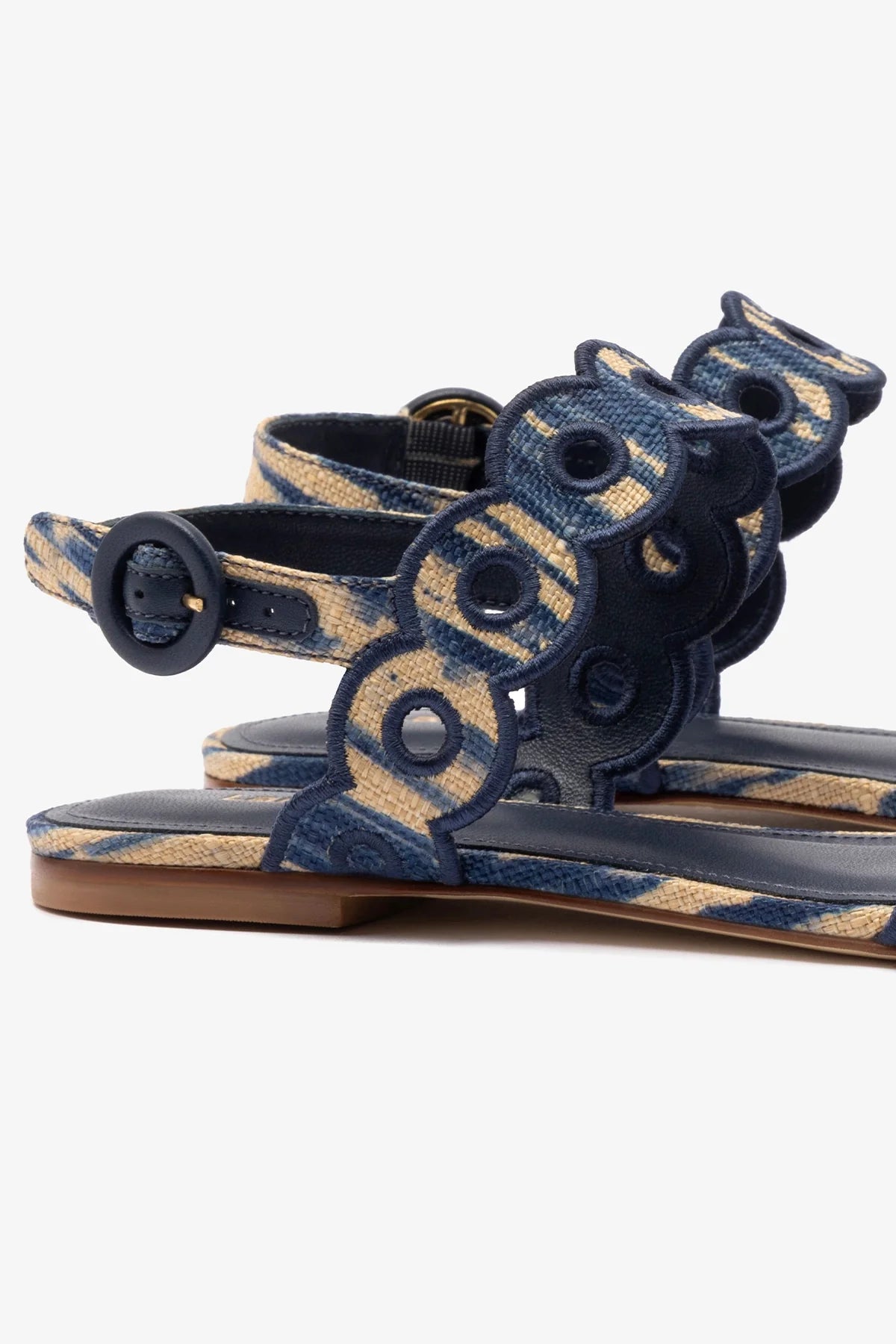 Florence Broderie Flat Sandal Women's Tie Dye Beige and Navy Raffia Summer Sandals - Perfect for Beach Vacation, Casual Outings and Boho Style Fashion