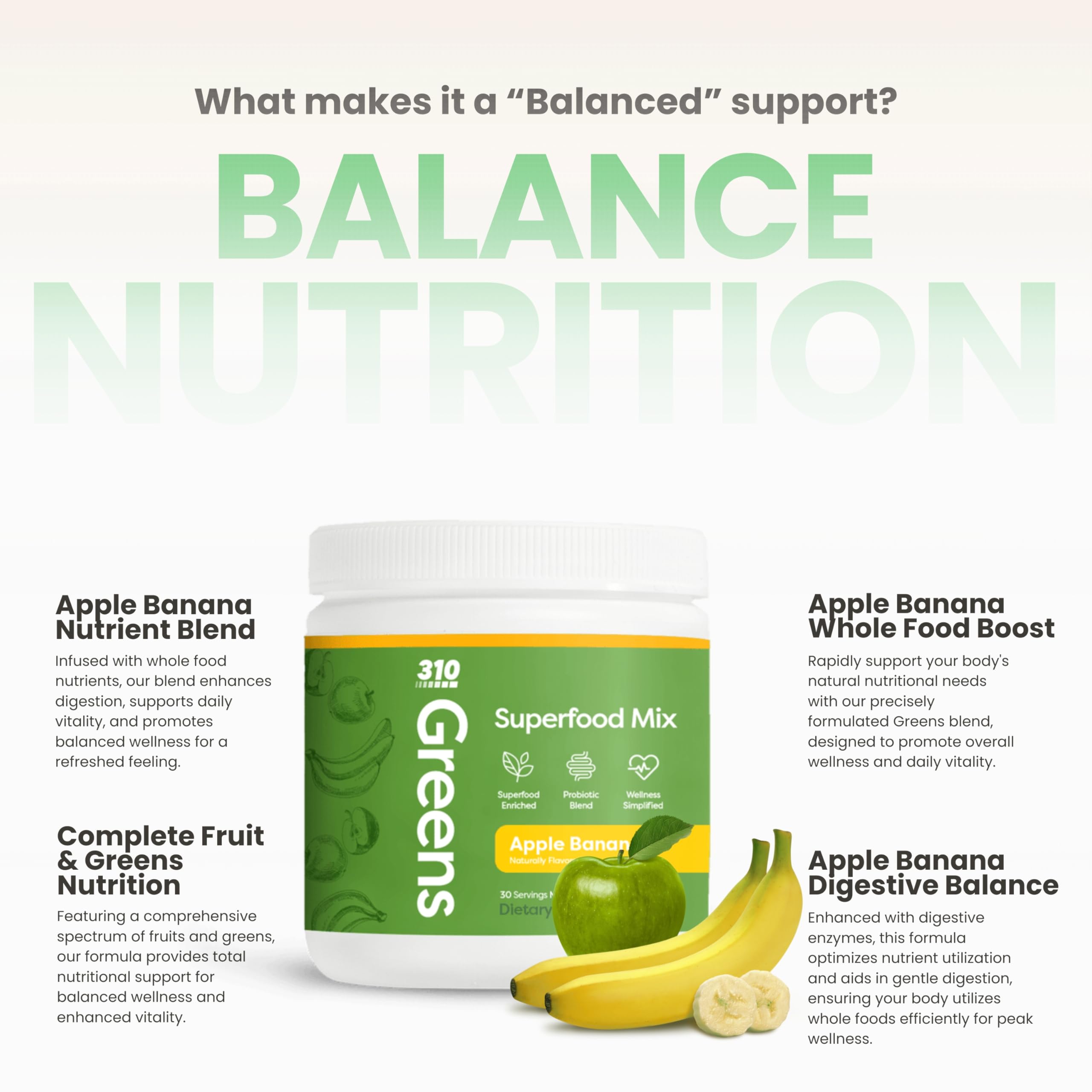 310 Greens Blend Superfood Powder with Fruits, Vegetables, Digestive Enzymes & Probiotics - 30 Servings (Apple Banana Flavor) for Energy Boost, Gut Health & Daily Nutrition