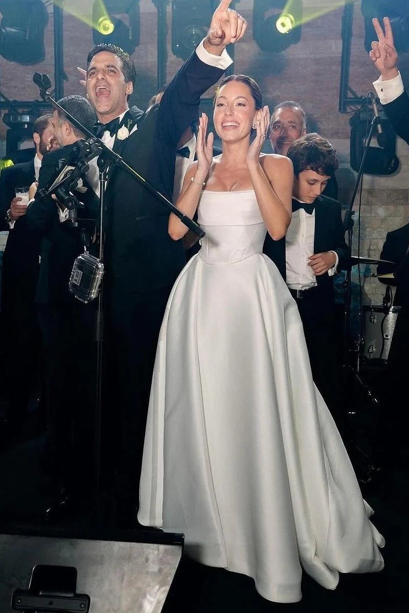 Elegant A-Line White Strapless Wedding Dress with Corset & Satin Train - Perfect for Bridal Ceremonies, Vow Renewals & Formal Events
