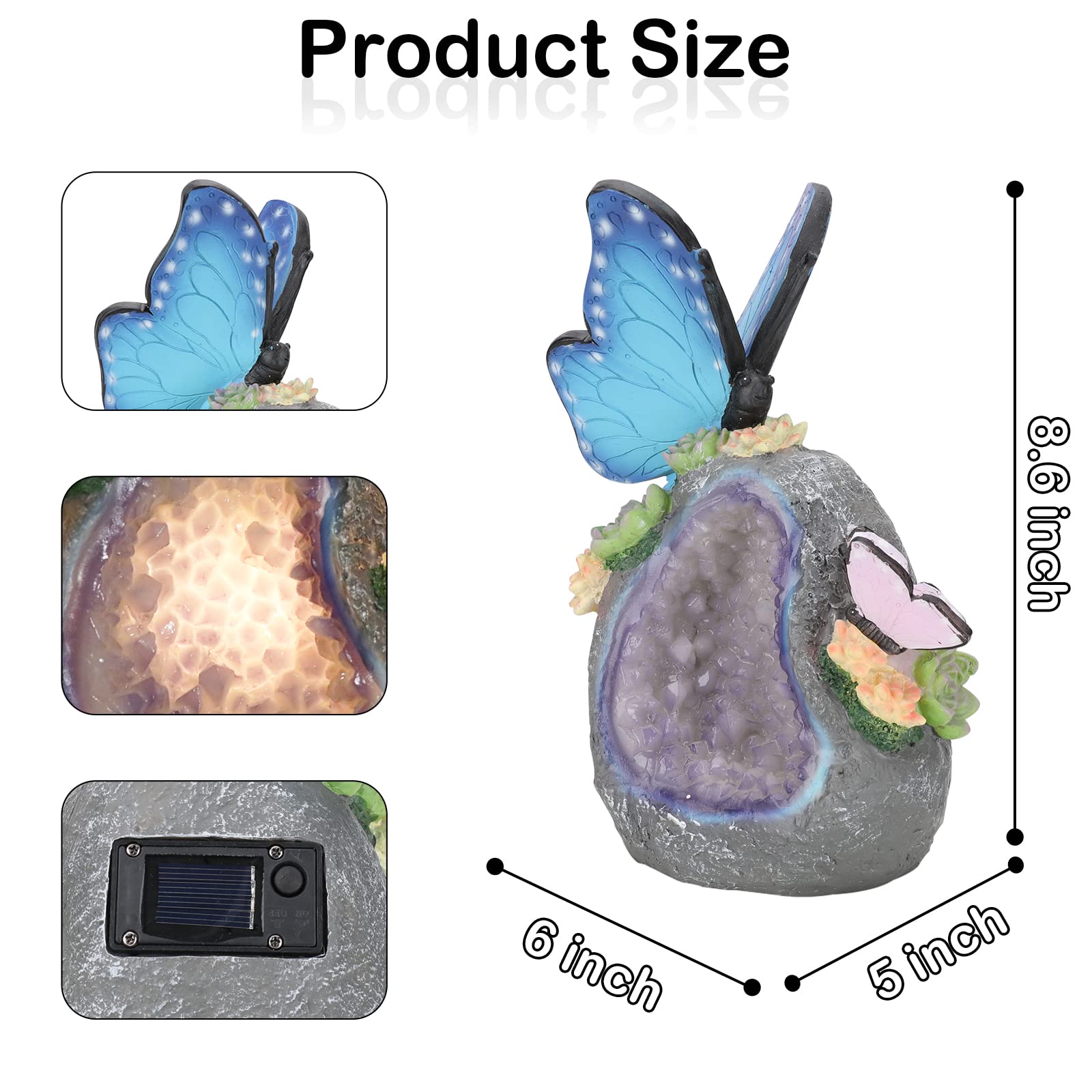 Solar-Powered Butterfly Garden Statue - Outdoor Resin Geode Stone Figurine with LED Lights for Patio, Balcony, Lawn Decor | Perfect for Garden Parties, Wedding Decorations & Backyard Landscaping