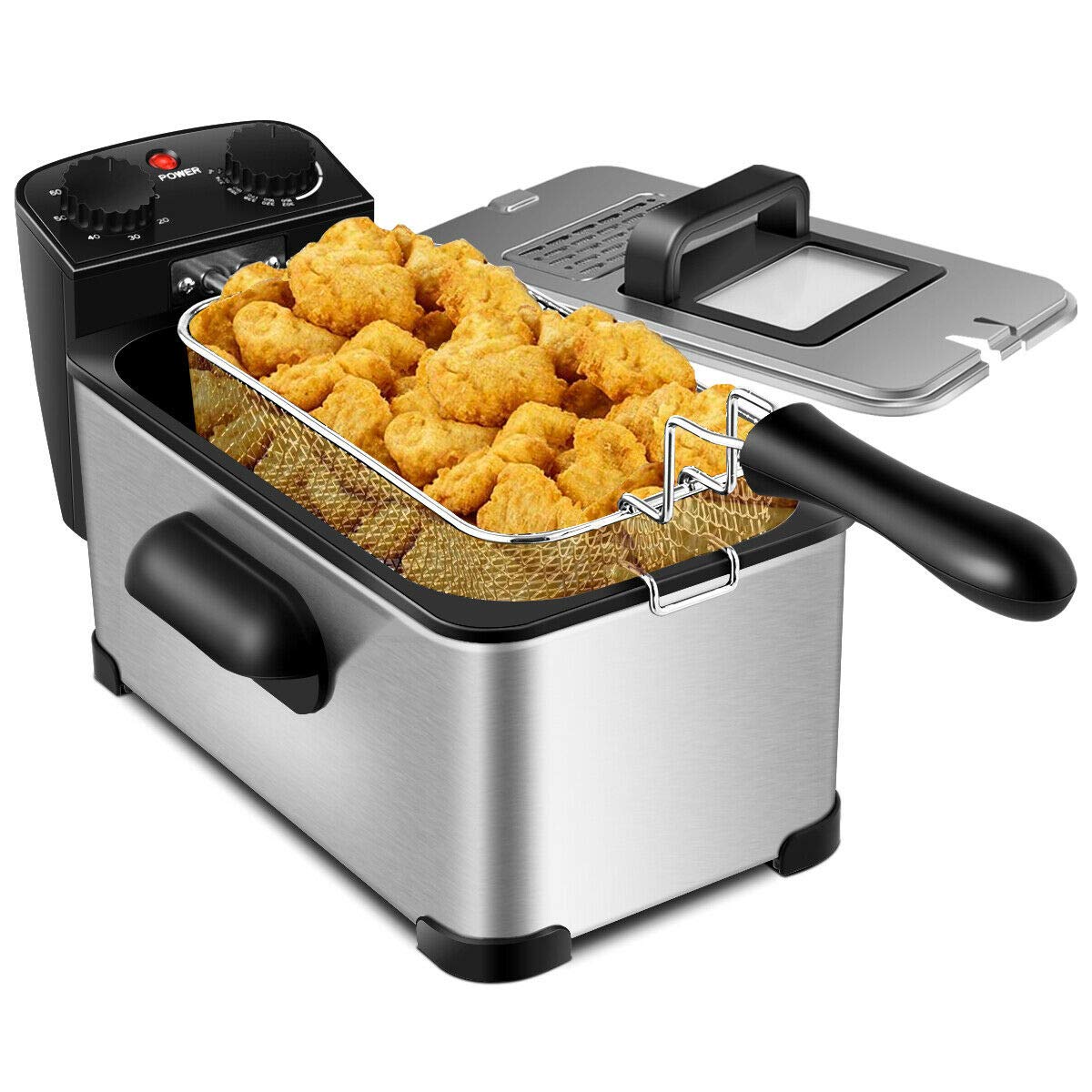 COSTWAY 1700W Electric Deep Fryer - 3.2qt Stainless Steel Oil Container with View Window Lid, 12-Cup Frying Basket & Hook, Adjustable Temp & Timer | Professional-Grade Deep Fryer for Home Kitchen, Restaurant, or Catering | Perfect for Frying Chicken, French Fries, Donuts & More