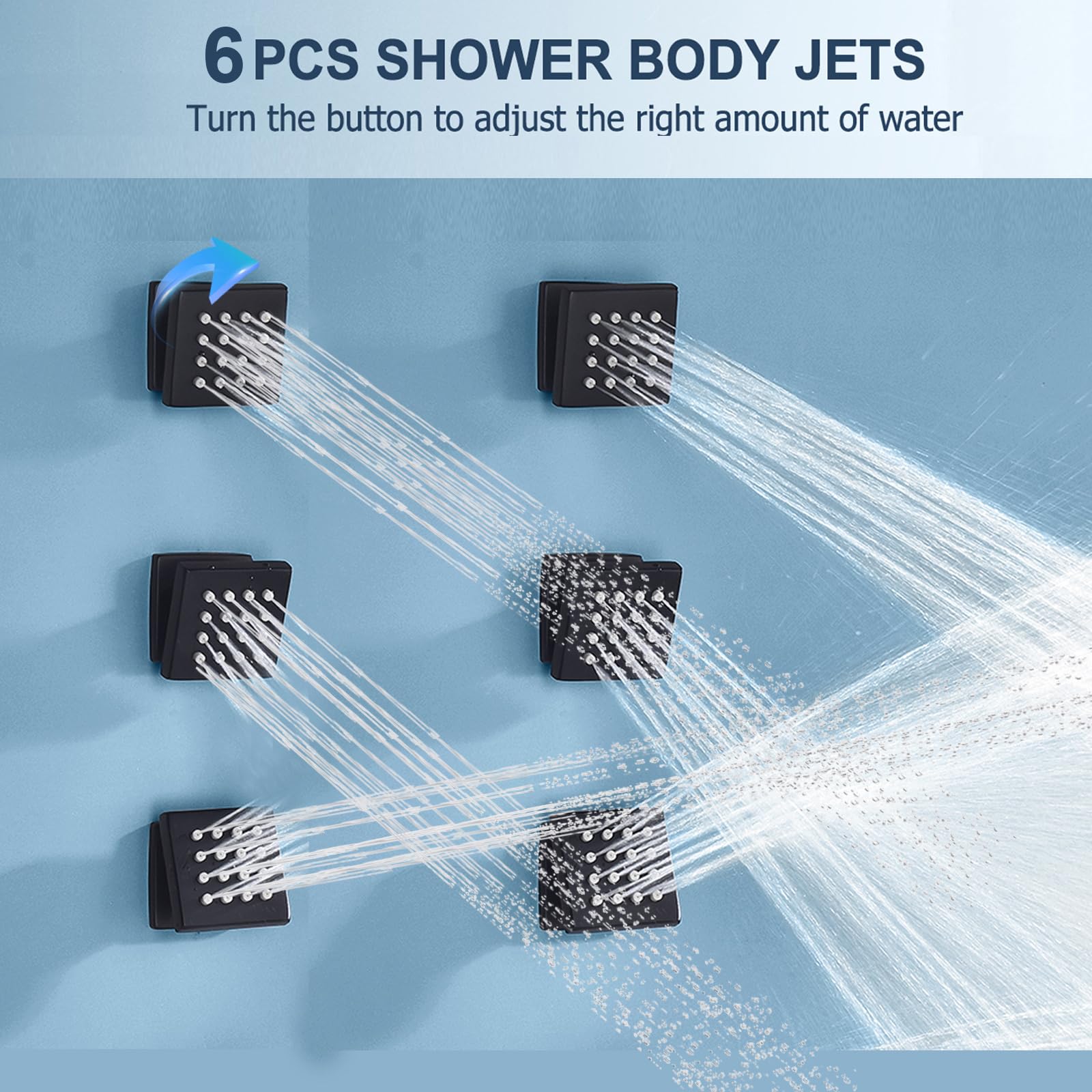 6PCS Square Shower Body Jet Spray - Brass Head Massage Jets with On/Off Flow Control - Matte Black Wall Mounted Spa System for Relaxing Bath & Luxury Shower Experience