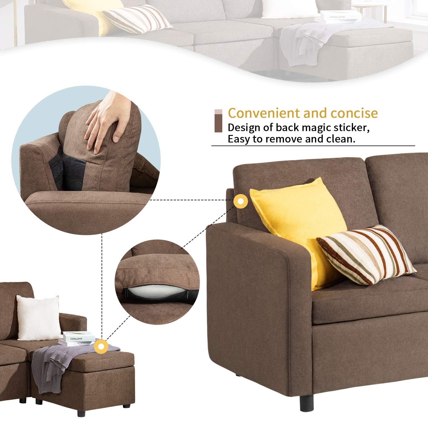 JUMMICO 3-Seat Convertible L-Shaped Sectional Sofa with Chaise - Modern Linen Fabric Couch for Small Living Room Spaces - Brown | Perfect for Apartments, Condos & Home Theater Seating