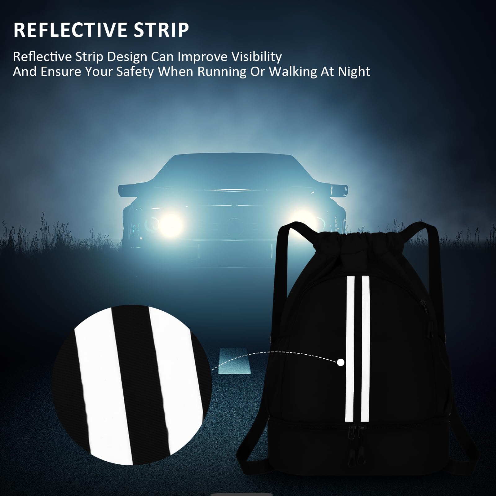 MEYDLL Gym Backpack - Large Capacity Waterproof Drawstring Bag with Reflective Stripes & Side Pockets for Men & Women - Perfect for Workout, Travel & Outdoor Sports