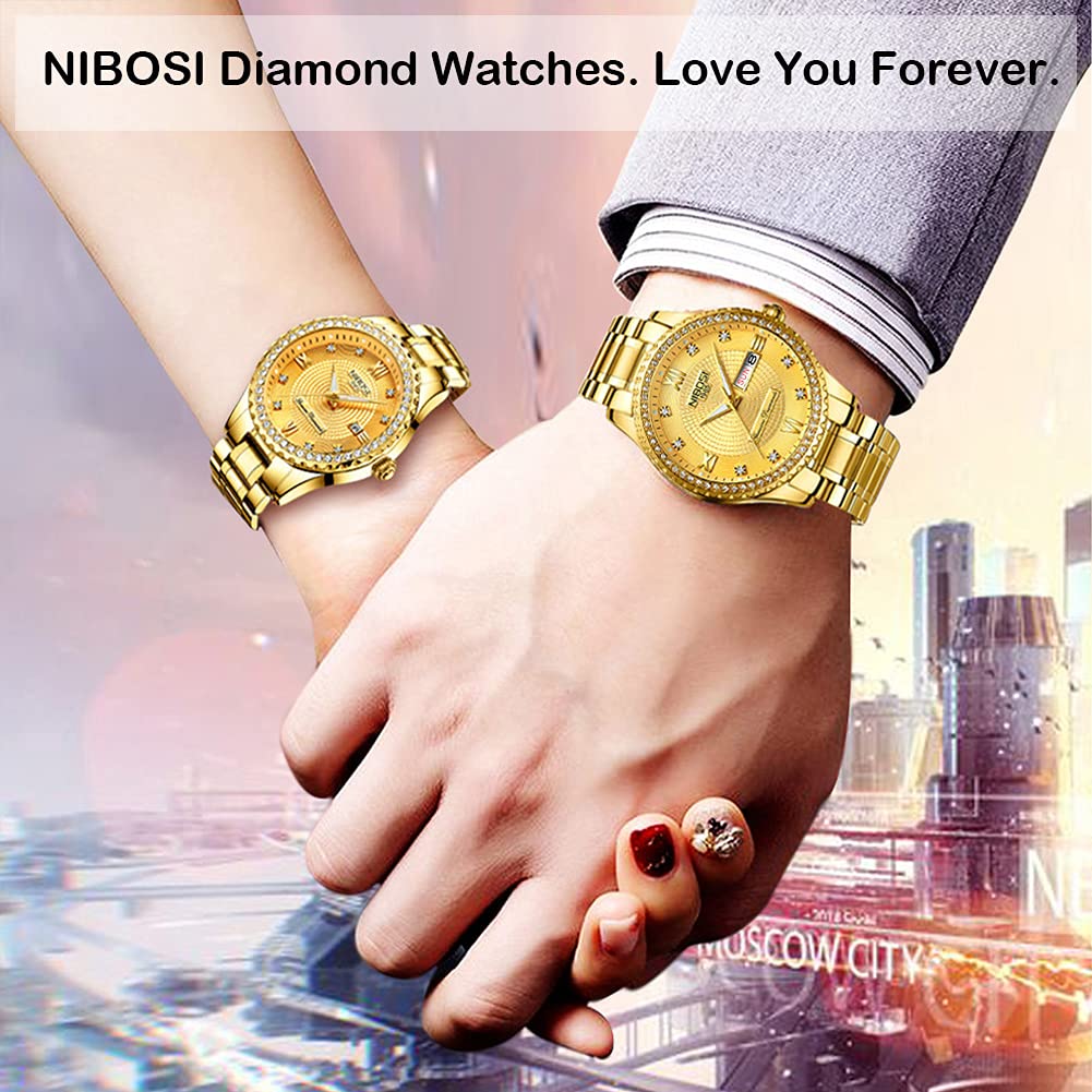 Luxury Diamond Couple Watches for Men and Women - His and Hers Matching Wristwatch Set, Waterproof Analog Quartz Watch with Day/Date - Perfect for Valentine's Day, Wedding Gifts & Anniversary Celebrations