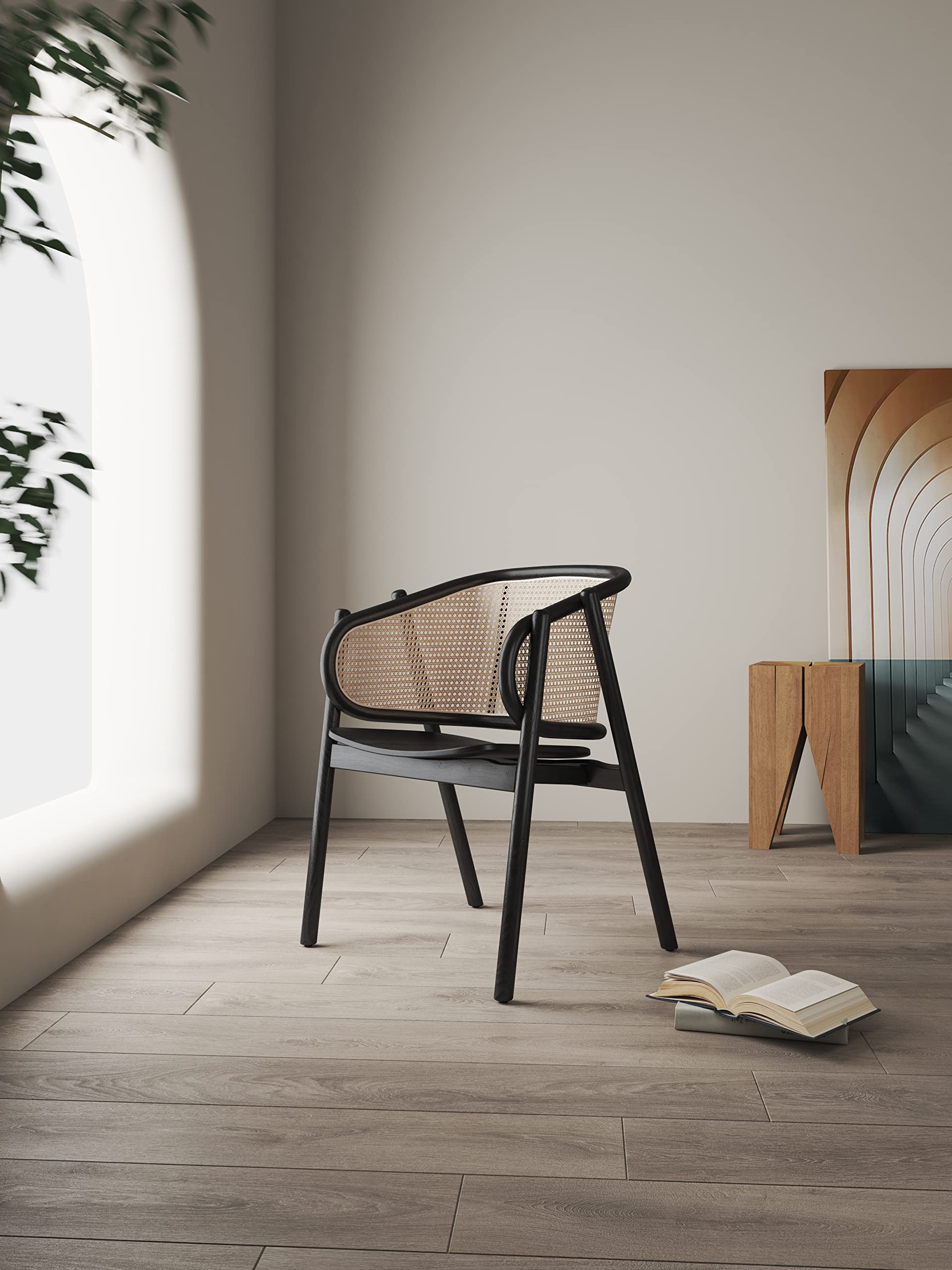 Versailles Rattan Cane Accent Chair - Solid Ash Wood Frame, Ergonomic Curved Seat, Fully Assembled Armchair for Living Room, Bedroom or Patio - Black/Natural - Stylish Home Decor & Comfortable Seating Solution