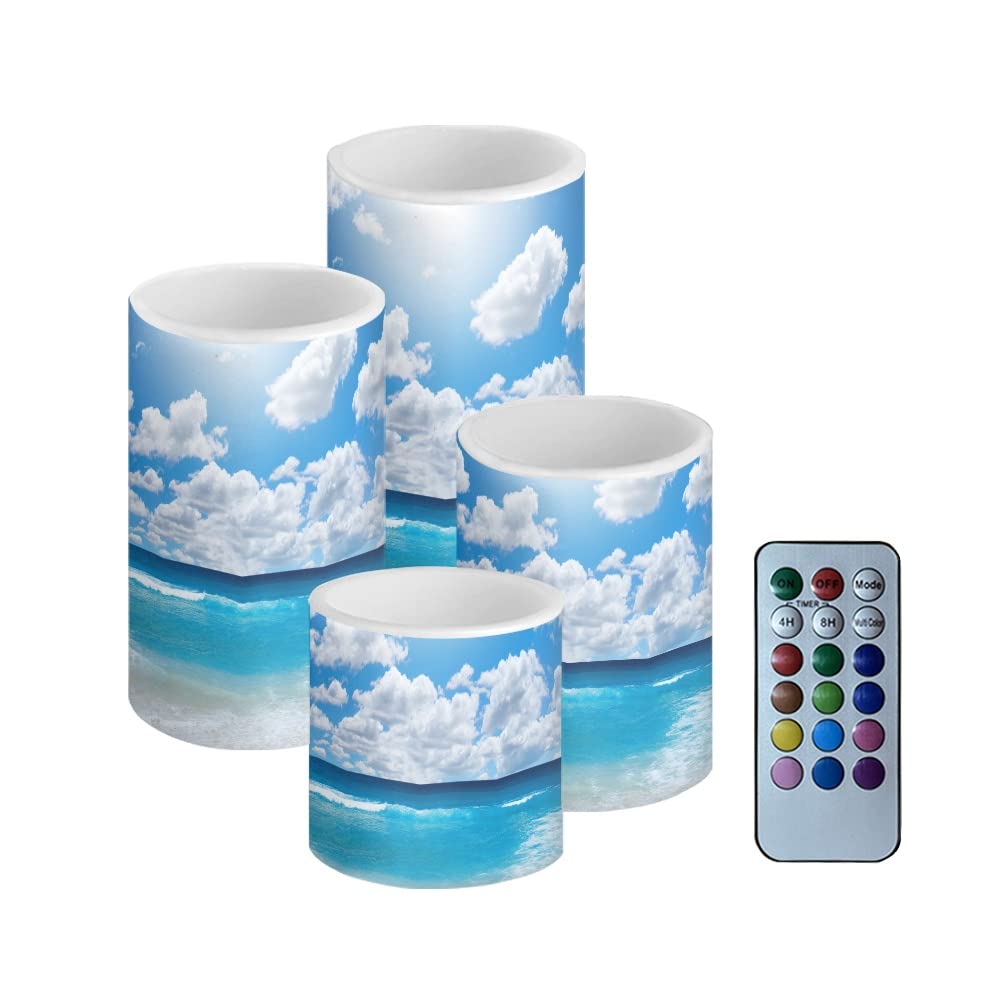 Blue Flameless LED Candles with Remote & Timer - Set of 4 Battery Operated Flickering Pillar Candles for Home Decor, Bedroom, Wedding, Party | Beach Ocean Theme Multicolor Lighting for Romantic Ambiance & Holiday Decorations