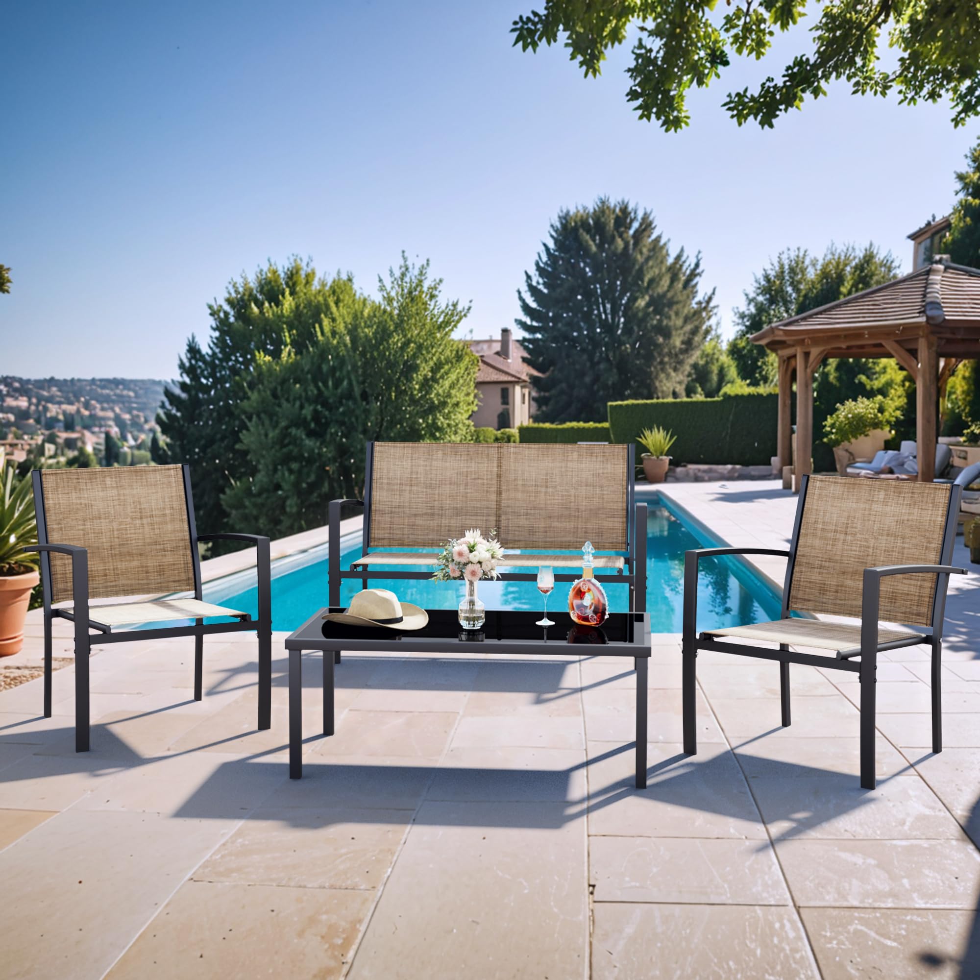 Rankok 4-Piece Modern Outdoor Patio Furniture Set - Textilene Wicker Conversation Set with Loveseat & Coffee Table - Durable All-Weather Patio Chairs for Porch, Lawn, Poolside, Balcony & Backyard (Beige) | Perfect for Outdoor Entertaining, Relaxation & Pool Areas
