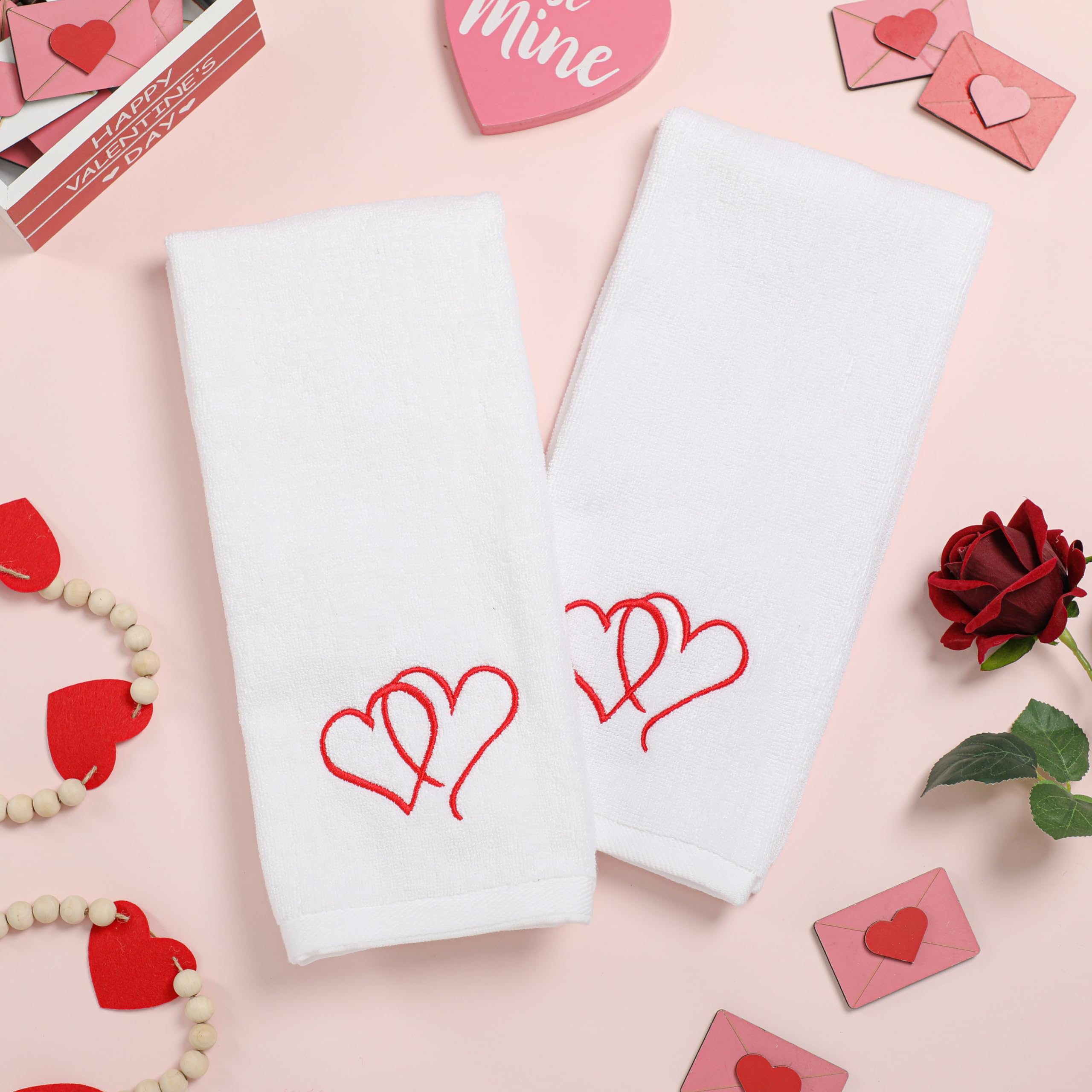 Valentine's Day Cotton Hand Towels - Embroidered Red Heart Set of 2 for Bathroom & Kitchen Decor