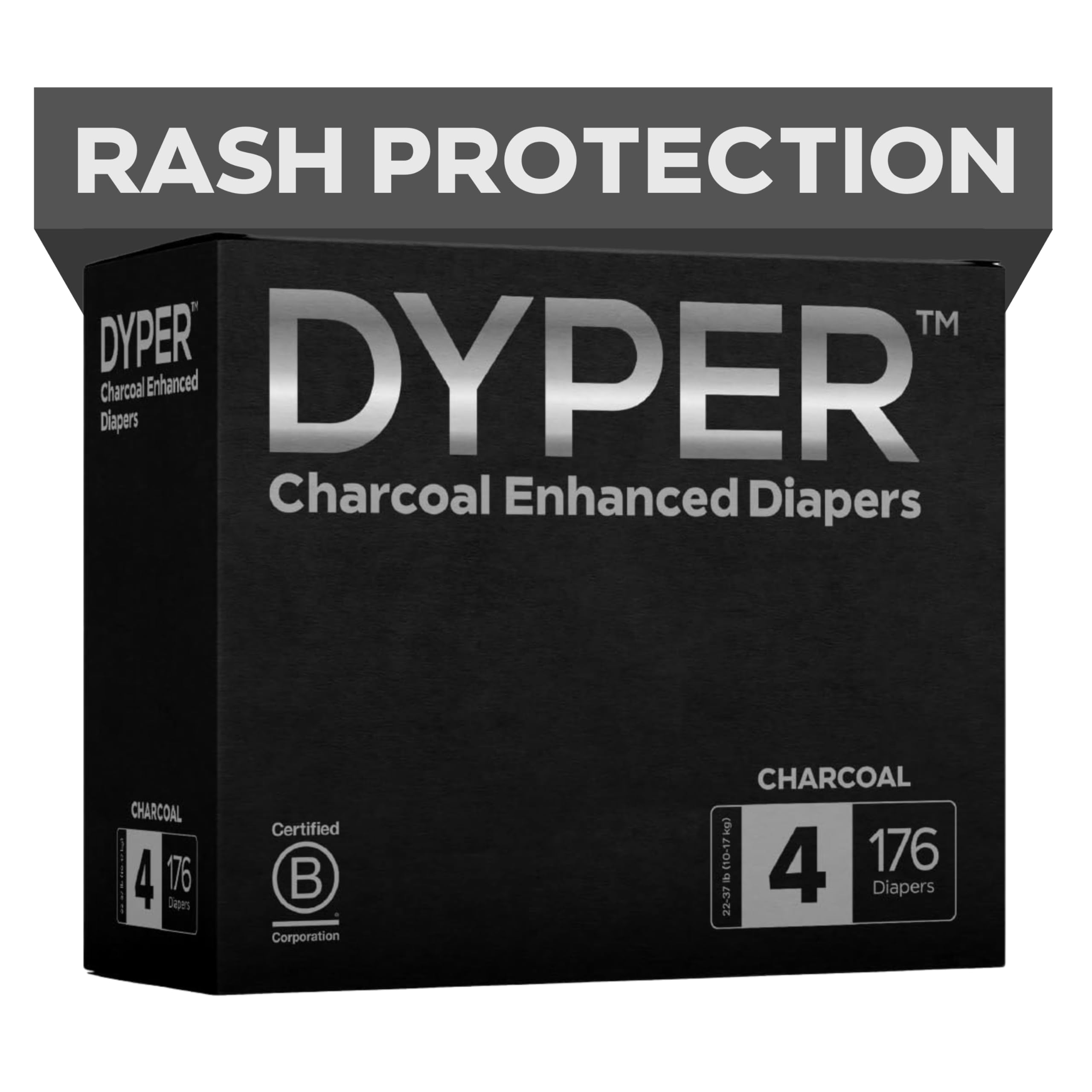 DYPER Charcoal Enhanced Diapers - Plant-Based & Hypoallergenic Baby Diapers for Sensitive Skin | Size 4 (176 Count) | Day & Overnight Protection | Eco-Friendly Disposable Diapers for Newborns & Toddlers | Perfect for Daycare, Travel & Nighttime Use