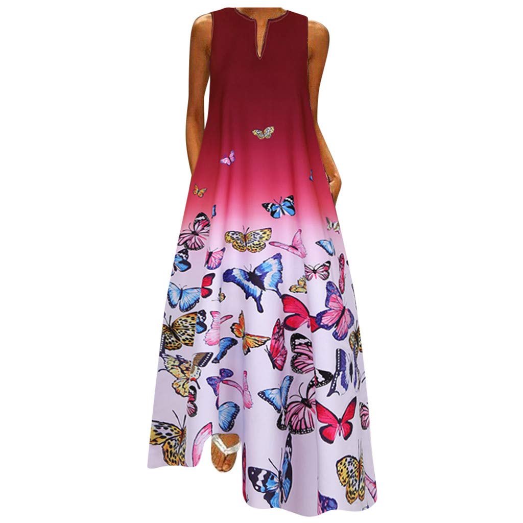 Plus Size Butterfly Print Sleeveless Vintage Boho V-Neck Maxi Dress for Women - Casual Summer Beach Dress, Boho Chic Outfit for Vacations & Outdoor Events