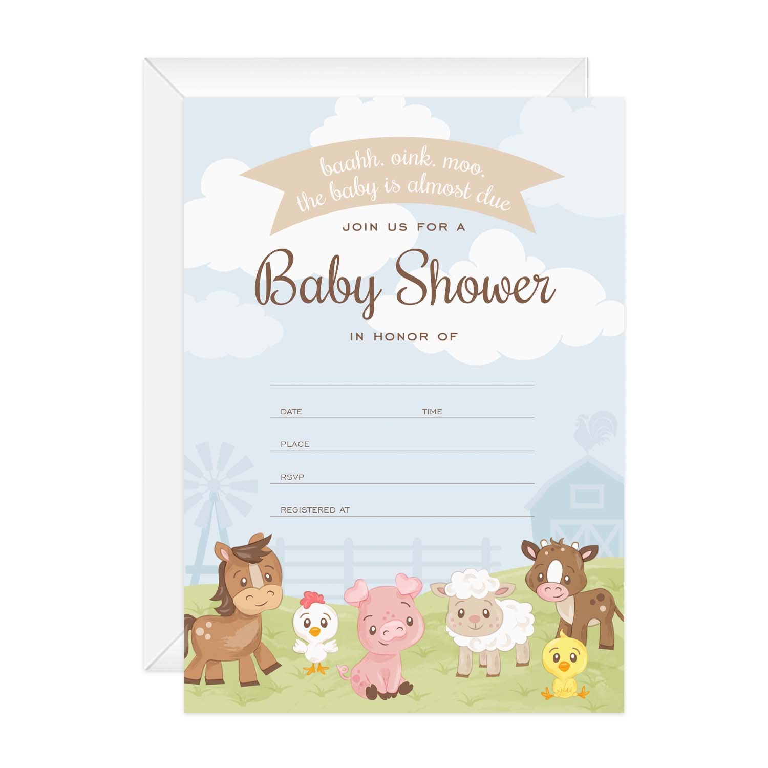 Barnyard Baby Shower Invitations - 25 Gender Neutral Farm Animal Cards with White Envelopes, 5