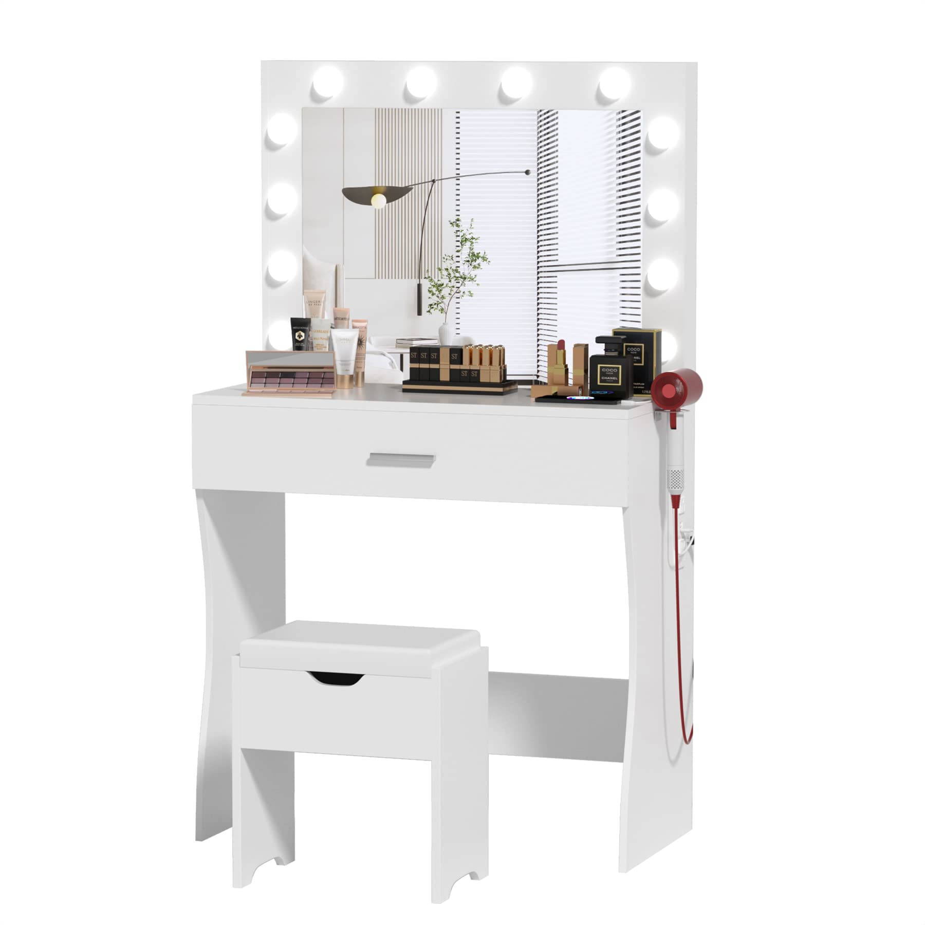 White Makeup Vanity Desk with LED Lights & Charging Station - 3 Color Modes, Large Mirror & Storage Stool - Perfect Dressing Table for Bedroom, Beauty Room & Home Salon