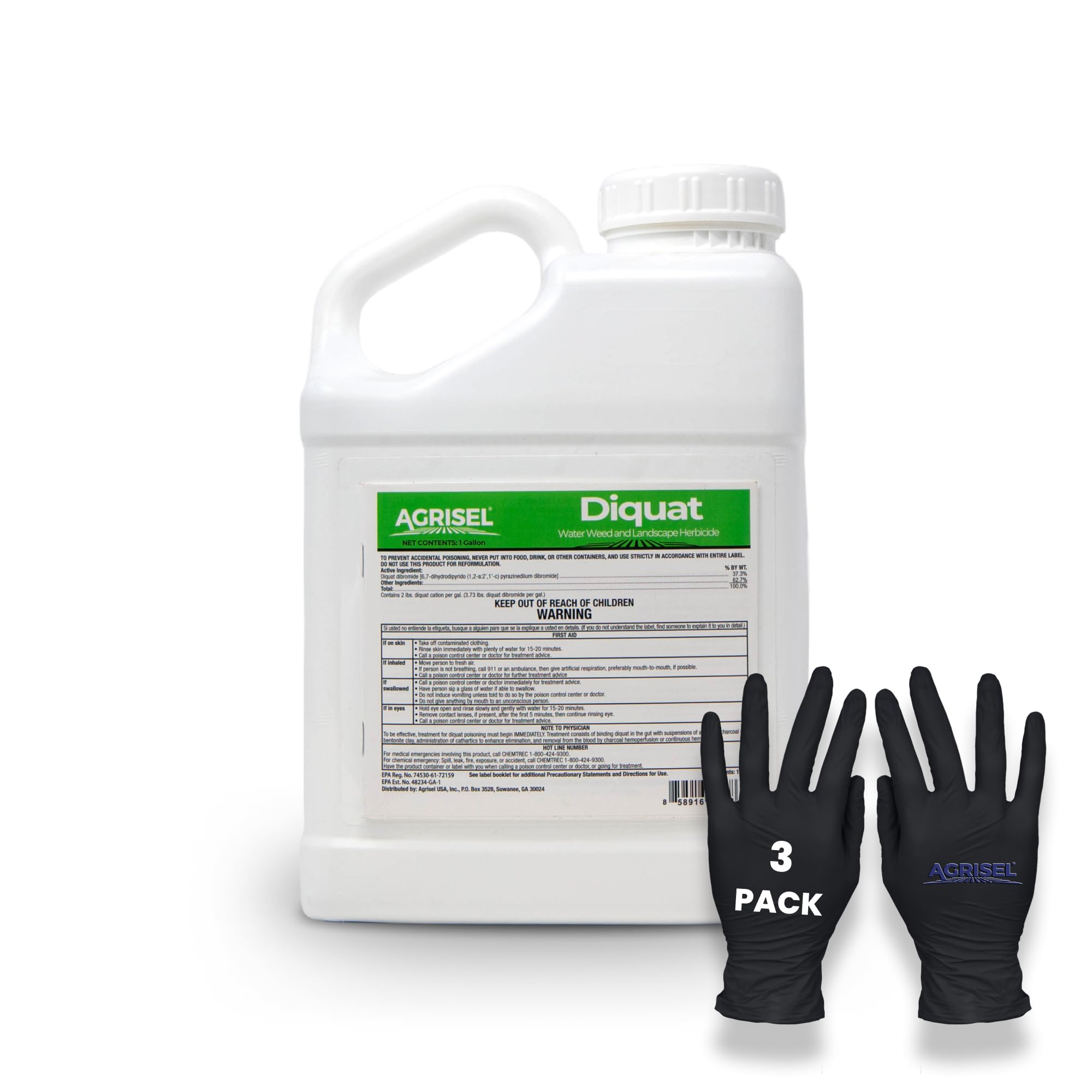 Diquat Weed Killer - Fast-Acting Herbicide for Aquatic & Landscape Weeds | Safe for Ornamental Plants & Pets | Visible Results in 1-2 Days | Includes 3-Pack Agrisel Protective Gloves (128 oz) | Ideal for Ponds, Lawns & Garden Weed Control