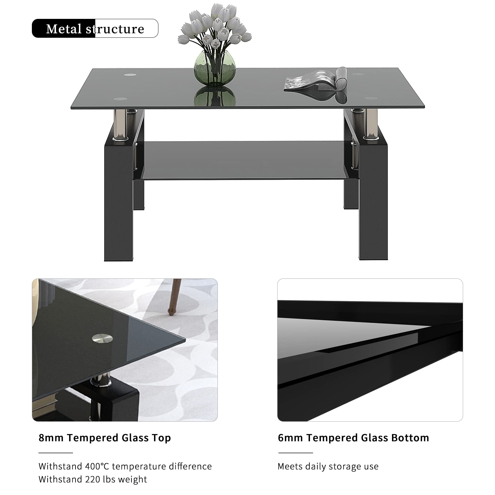 Modern All-Black Glass Coffee Table Set of 3 Pieces - Tempered Glass Top with Sturdy Metal Legs - Perfect for Living Room, Lounge & Home Decor