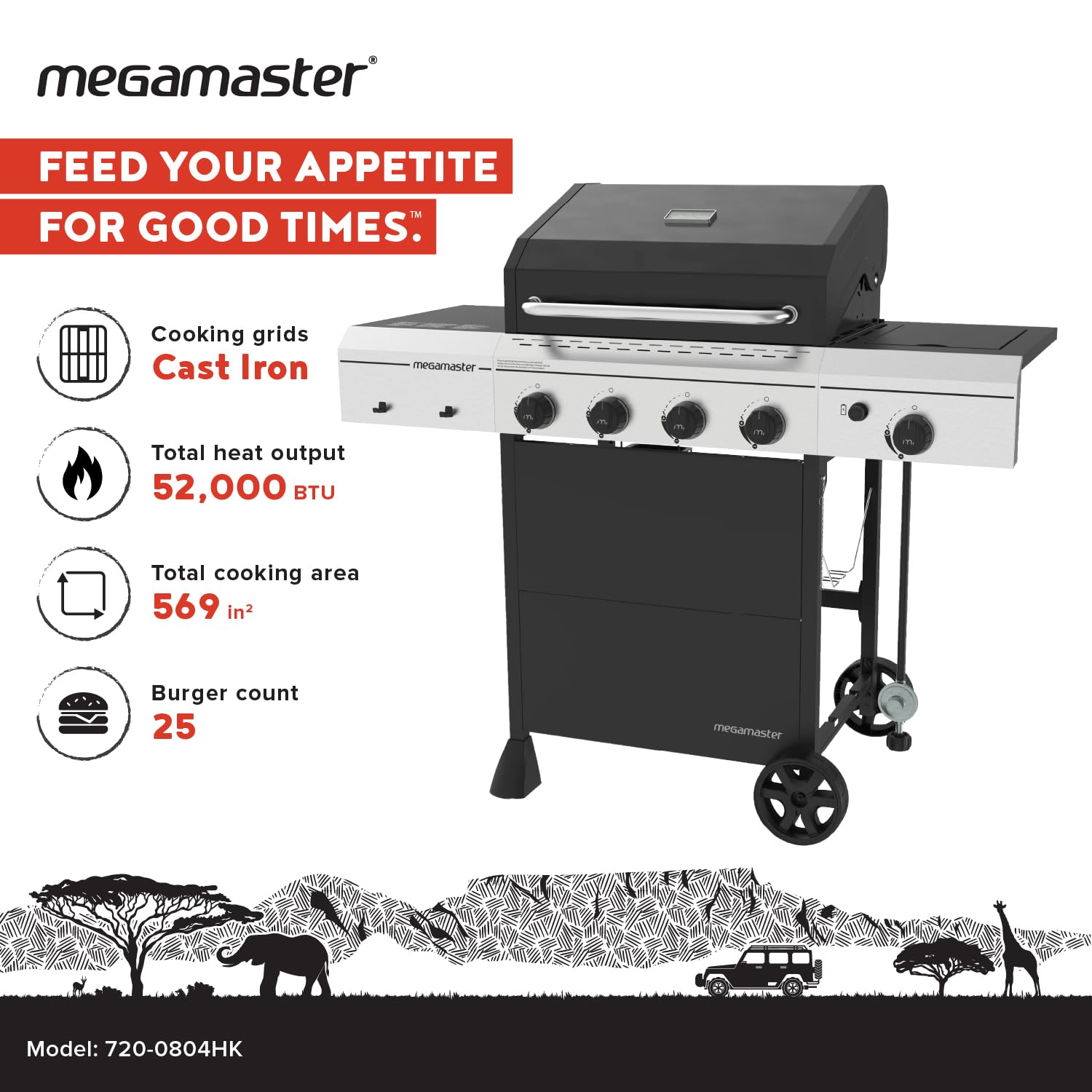 4-Burner Propane Gas Grill with Side Burner & Cover - 52,000 BTU, 568 SQ. In. Stainless Steel BBQ Grill for Outdoor Cooking, Backyard, Patio, Camping & Tailgating - Model 720-0804HK