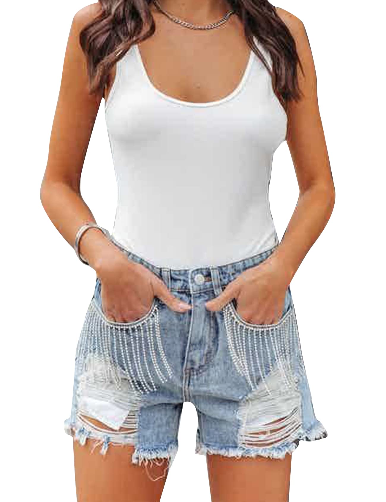 Stylish Women's Rhinestone Denim Shorts - Mid Rise Ripped Hem Fringe Jeans with Tassels | Casual Distressed Hot Shorts for Summer Outfits, Beach Vacations & Night Out