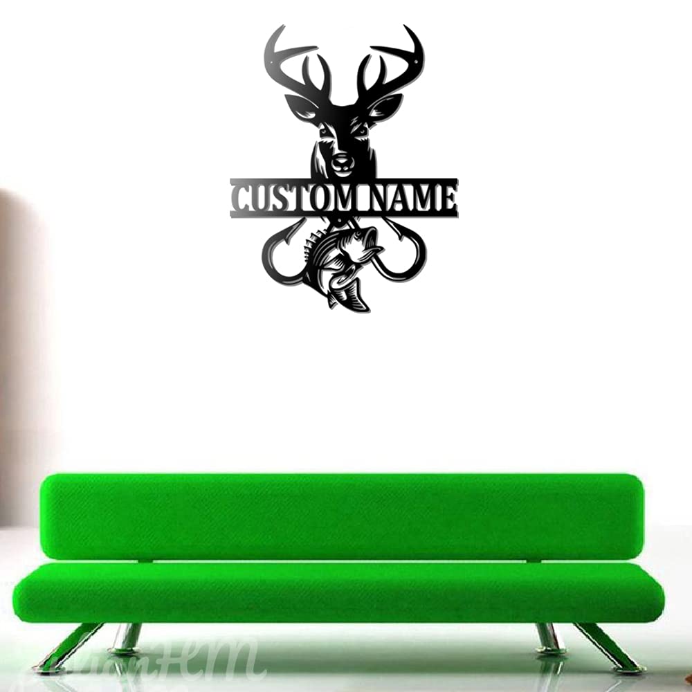 Custom Deer Fish Hook Monogram Metal Wall Decor with LED Lights - Personalized Deer Hunting Wall Art & Name Sign for Living Room, Bedroom, Cabin - 12x12 Inches Rustic Home Decor for Hunters & Outdoor Enthusiasts