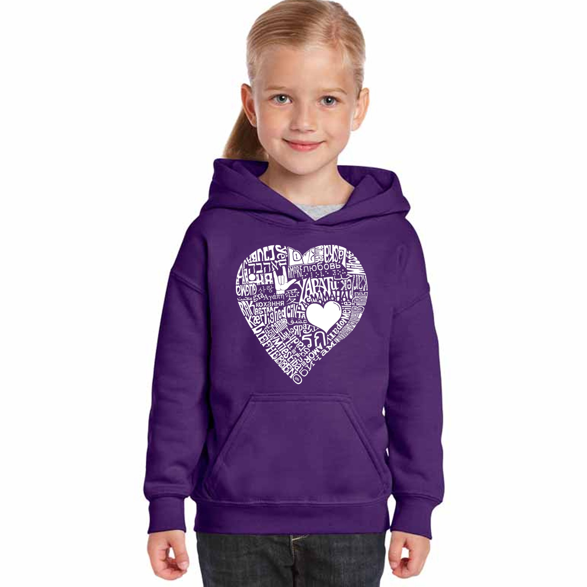 LA POP ART Girl's Word Art Hooded Sweatshirt - Love in 44 Languages | Trendy Graphic Pullover for Teens | Perfect for School, Streetwear & Casual Outfits