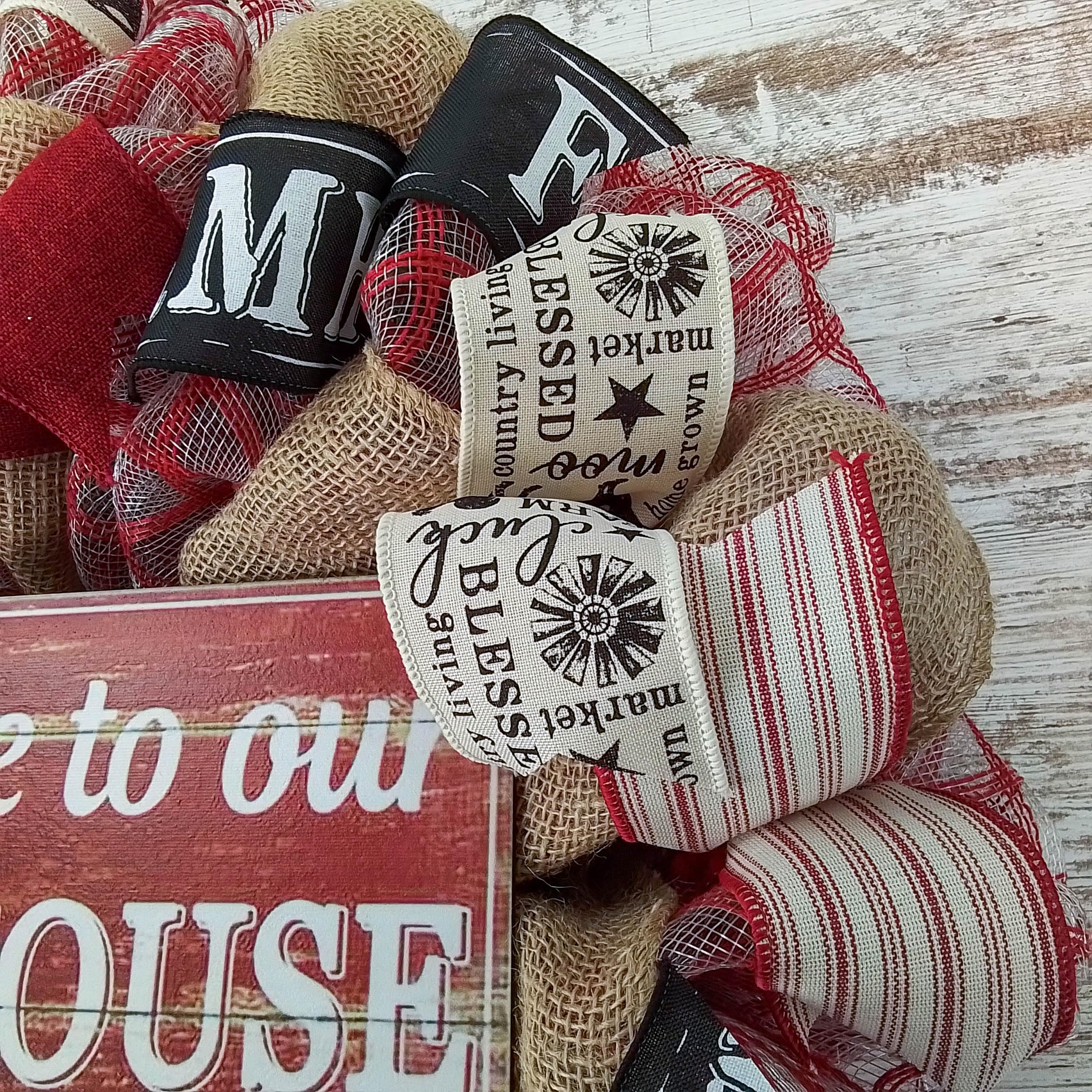 Farmhouse Wreath - Rustic Burlap Decor for Everyday & Mother's Day - Red and Black Burlap Wreath for Front Door, Wall Decor, and Seasonal Home Decorating