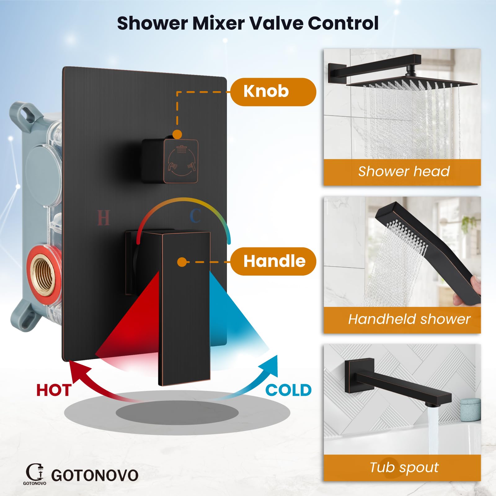 Gotonovo 3-Function Wall Mount Shower System Set with Rainfall Shower Head, Handheld Spray, and Tub Spout - Oil Rubbed Bronze Finish for Bathroom Renovation and Luxury Spa Experience