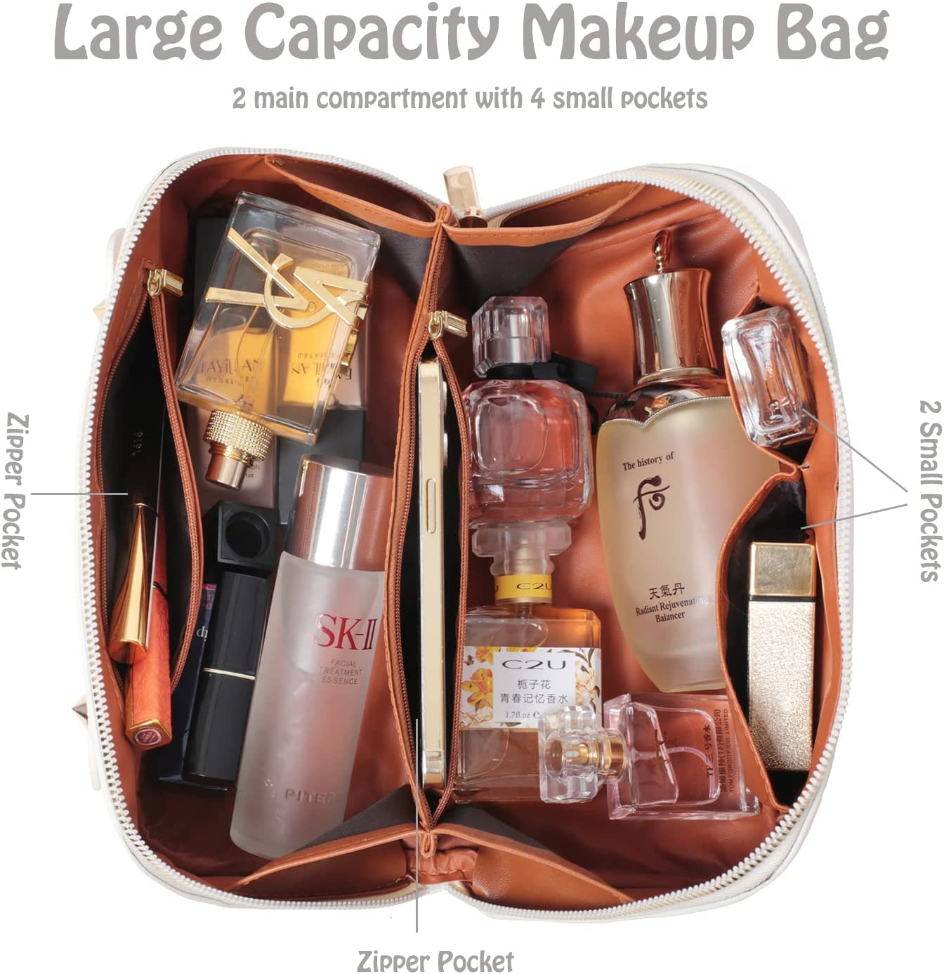 SUKEE® Leather Cosmetic Travel Organizer Bag for Women - Portable Makeup Pouch with Handle & Dividers, Wide Opening Cosmetic Case (Pack of 1) - Perfect for Air Travel, Gym & Daily Organization