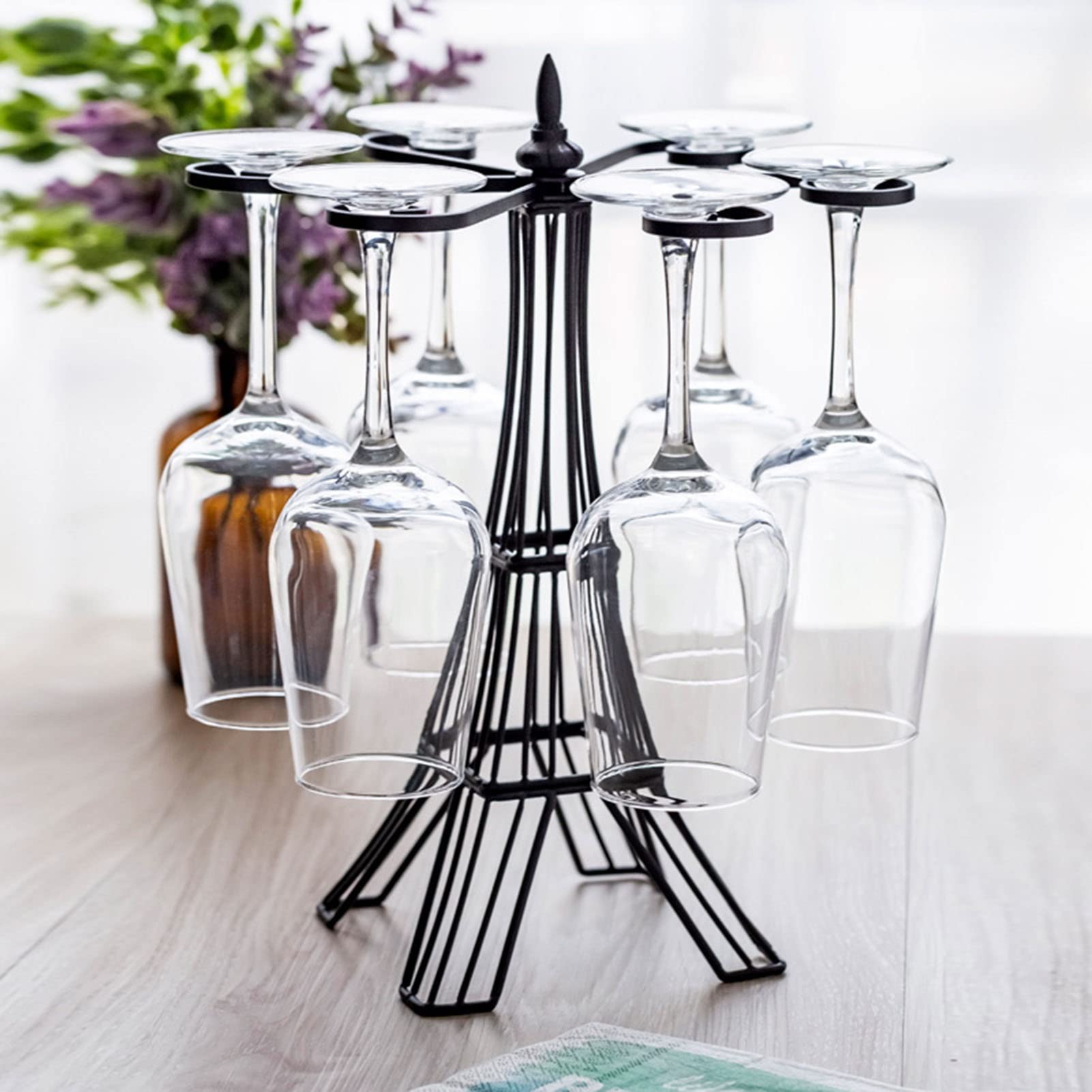 Freestanding Wine Glass Holder with 6 Hooks - Tabletop Stemware Rack for Red Wine Glasses - Barware Storage Organizer for Home, Kitchen & Party Use