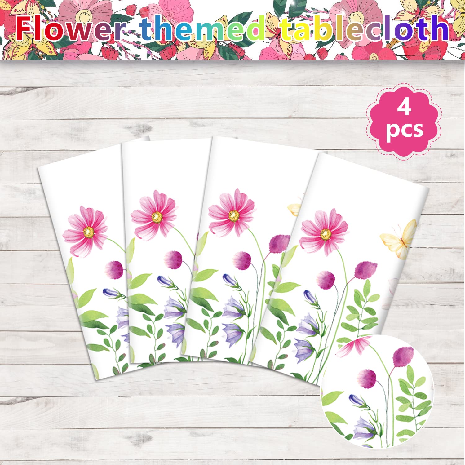 4 Pack Spring Floral Tablecloth - 51 x 86 Inch Wild Flower Disposable Plastic Table Cover for Wedding, Baby Shower, Birthday Party Decorations - Perfect for Outdoor Picnics, Garden Parties & Spring Celebrations