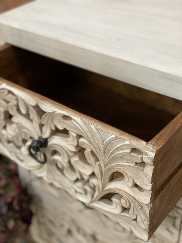 Hand Carved White Night Stand | Handmade Wooden Bedside Table for Bedroom - Perfect for Small Spaces & Modern Home Decor