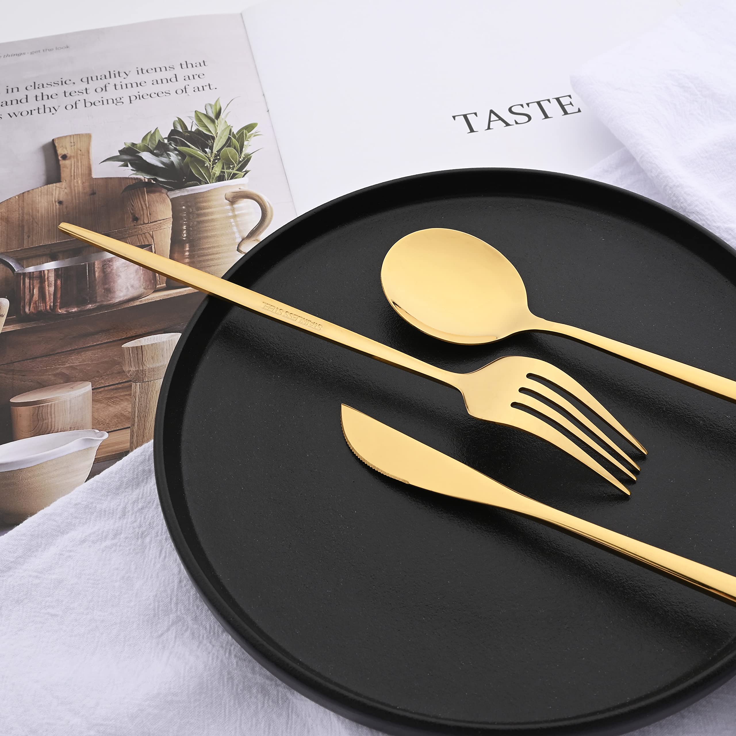 50-Piece Stainless Steel Gold Flatware Set for 10 - Mirror Polished Cutlery with Knife, Fork & Spoon - Dishwasher Safe for Home, Kitchen, Restaurant & Hotel - Perfect for Dinner Parties, Weddings & Formal Dining