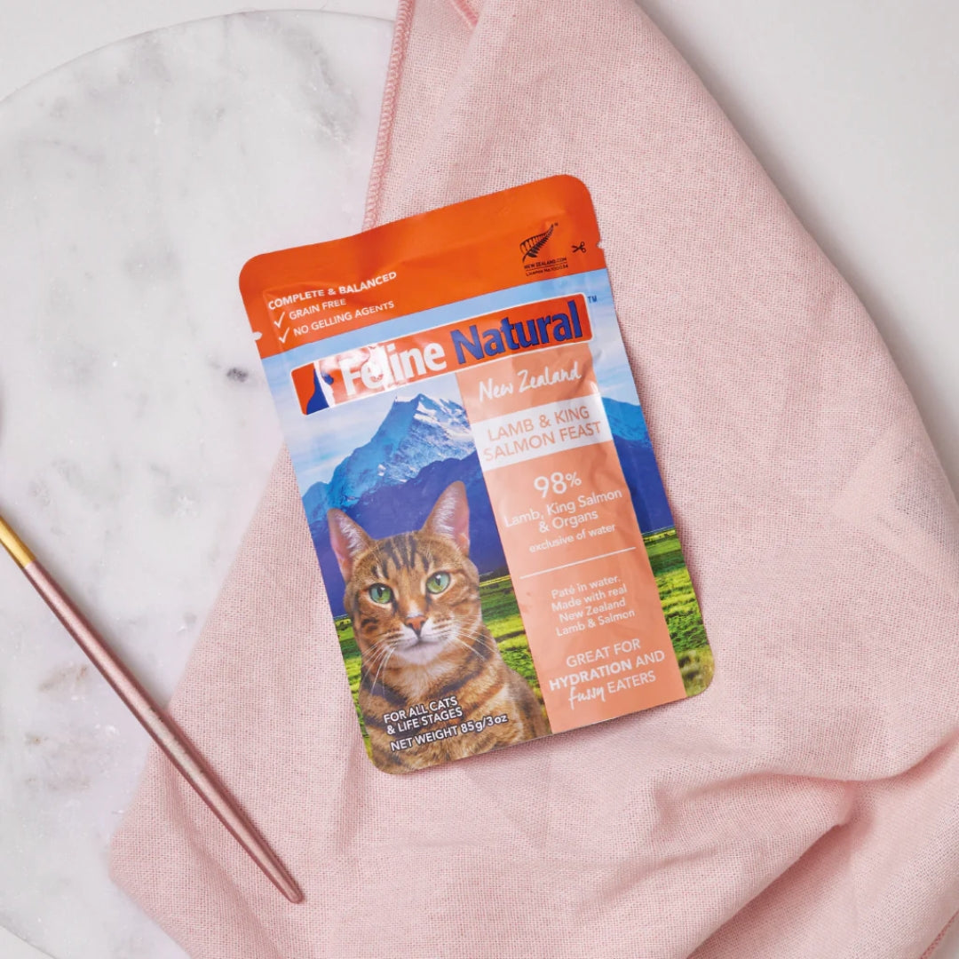 Feline Natural Grain-Free Cat Food - Lamb & Salmon Recipe in 85g Pouch | High Protein Wet Food for Adult Cats | Perfect for Mealtime, Travel & Treats