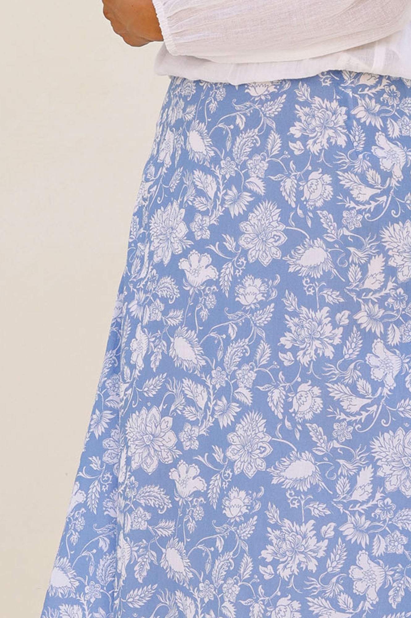 Neve Skirt - Floral Print Blue and White Midi Skirt for Women | Perfect for Spring, Summer, Beach Vacations & Casual Outings