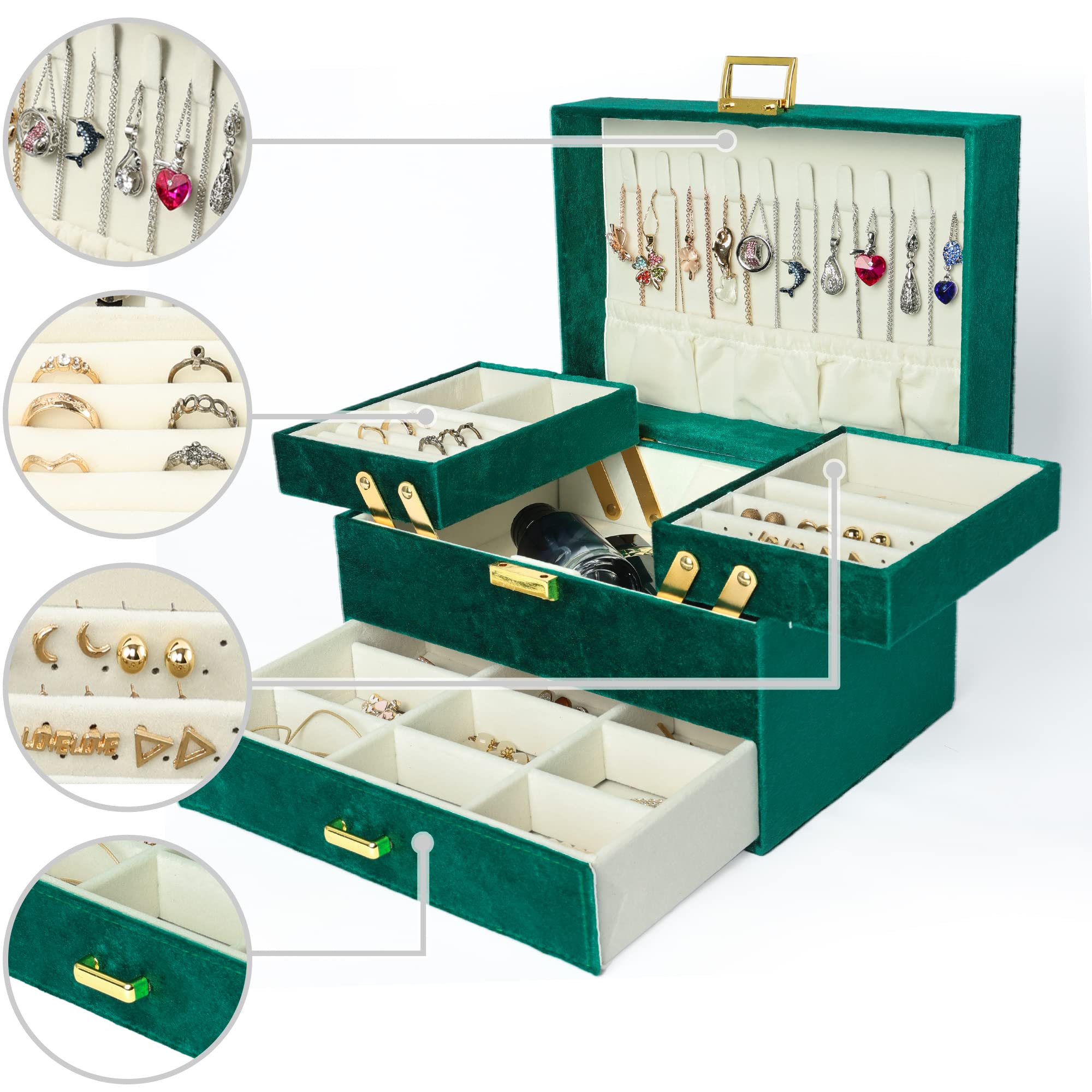3-Layer Large Velvet Jewelry Organizer Box for Women - Jewelry Storage Case for Earrings, Rings, Necklaces & Bracelets | Green Velvet Jewelry Box | Perfect for Bedroom Dresser, Travel & Gift Giving