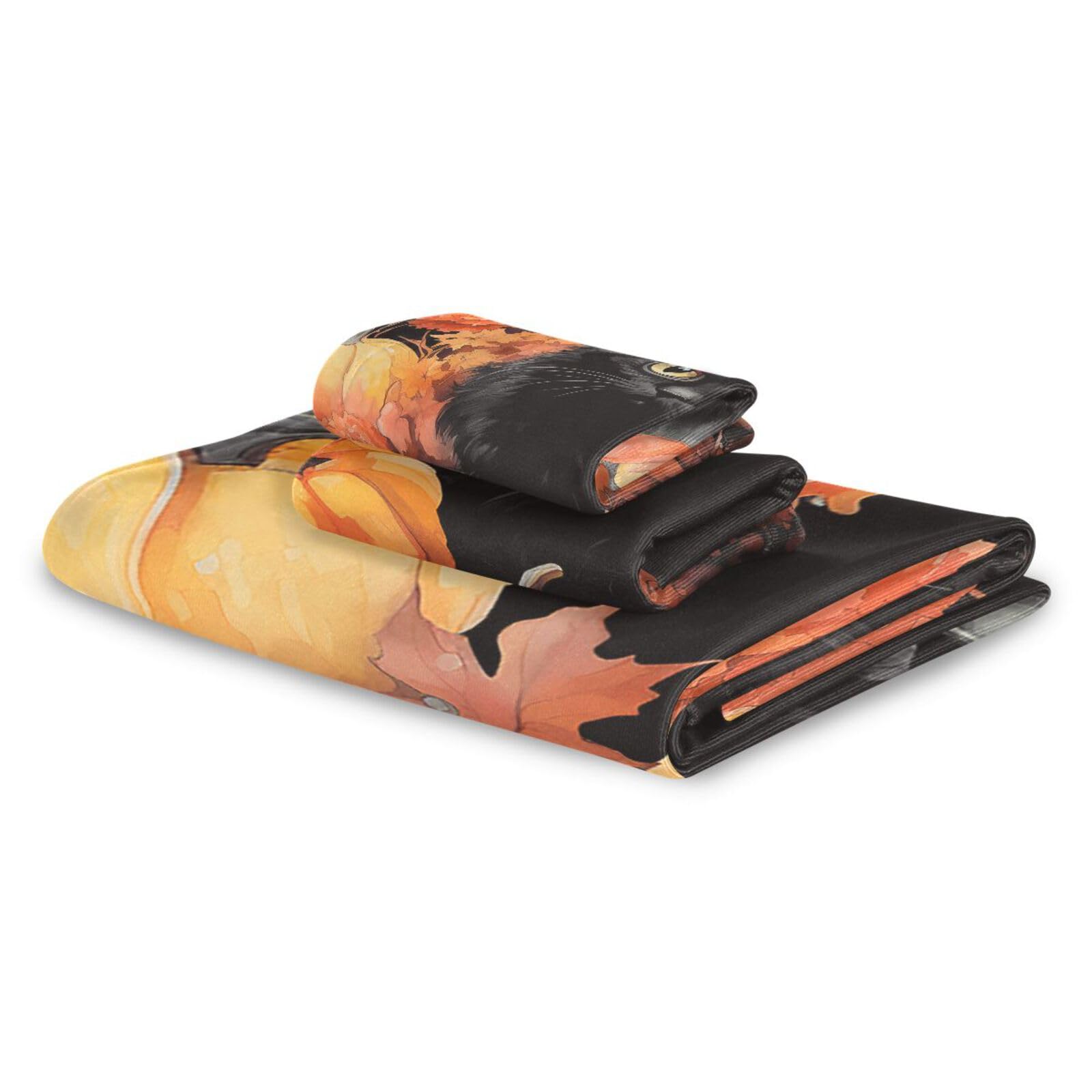 Premium Absorbent Microfiber Bath Towel Set - Soft Decorative Bathroom Towels with Washcloths | Quick-Drying Beach & Shower Towels for Home, Spa, Pool, and Travel | Thanksgiving Pumpkin & Halloween Cat Design