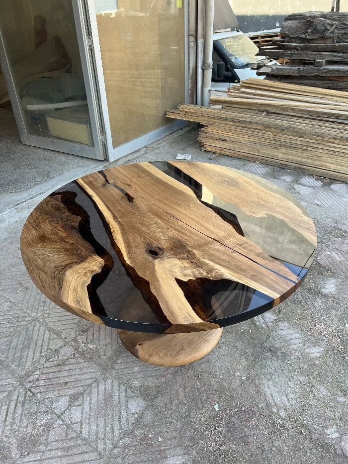 Handmade Custom Round Epoxy Resin Walnut Dining Table with Solid Wood Base - Perfect for Kitchen, Dining Room, and Modern Home Decor