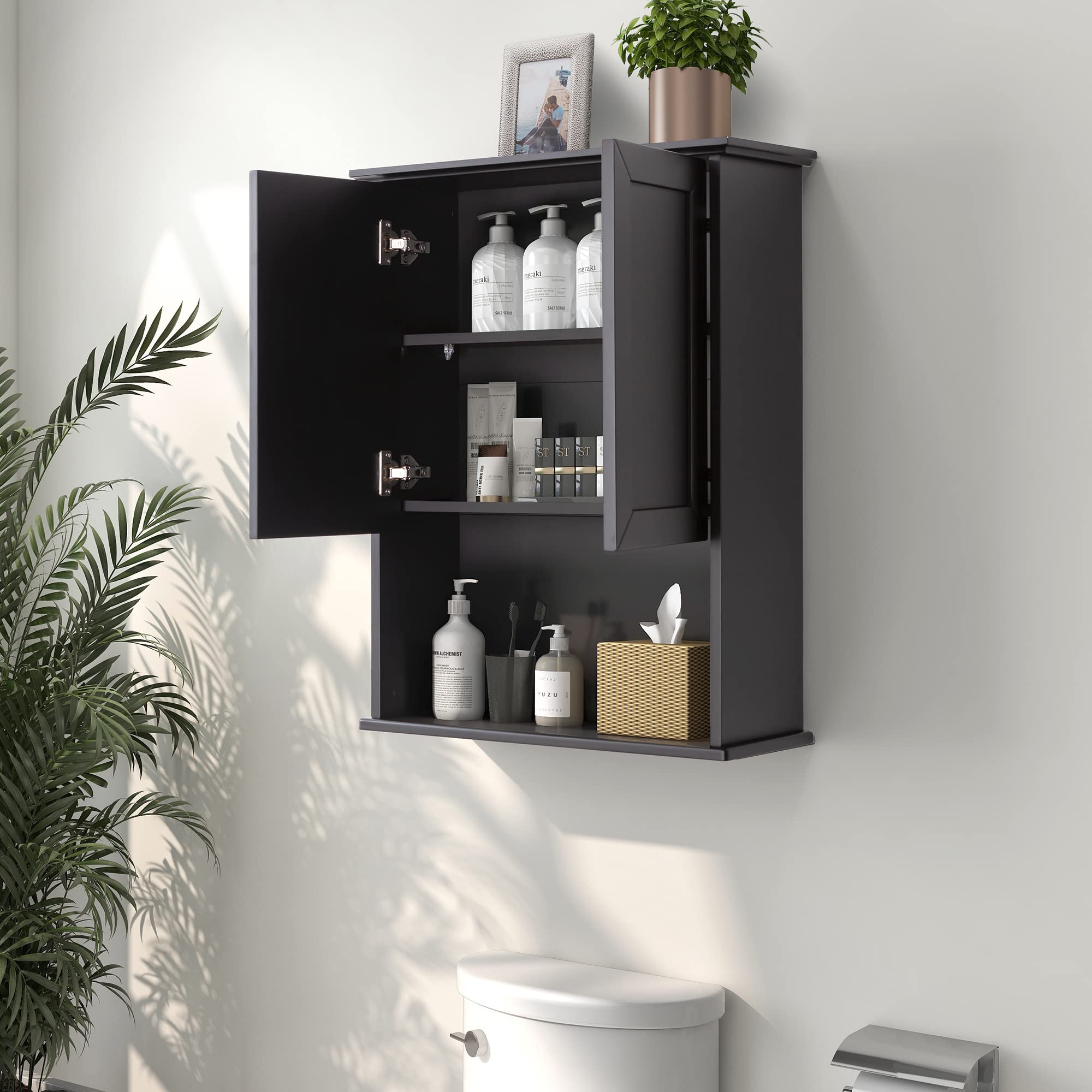 Black Wall Mounted Wood Medicine Cabinet for Bathroom - Over Toilet Storage with 2 Doors, Adjustable Shelf & Soft Hinge - Perfect for Small Bathroom Organization & Space Saving Storage