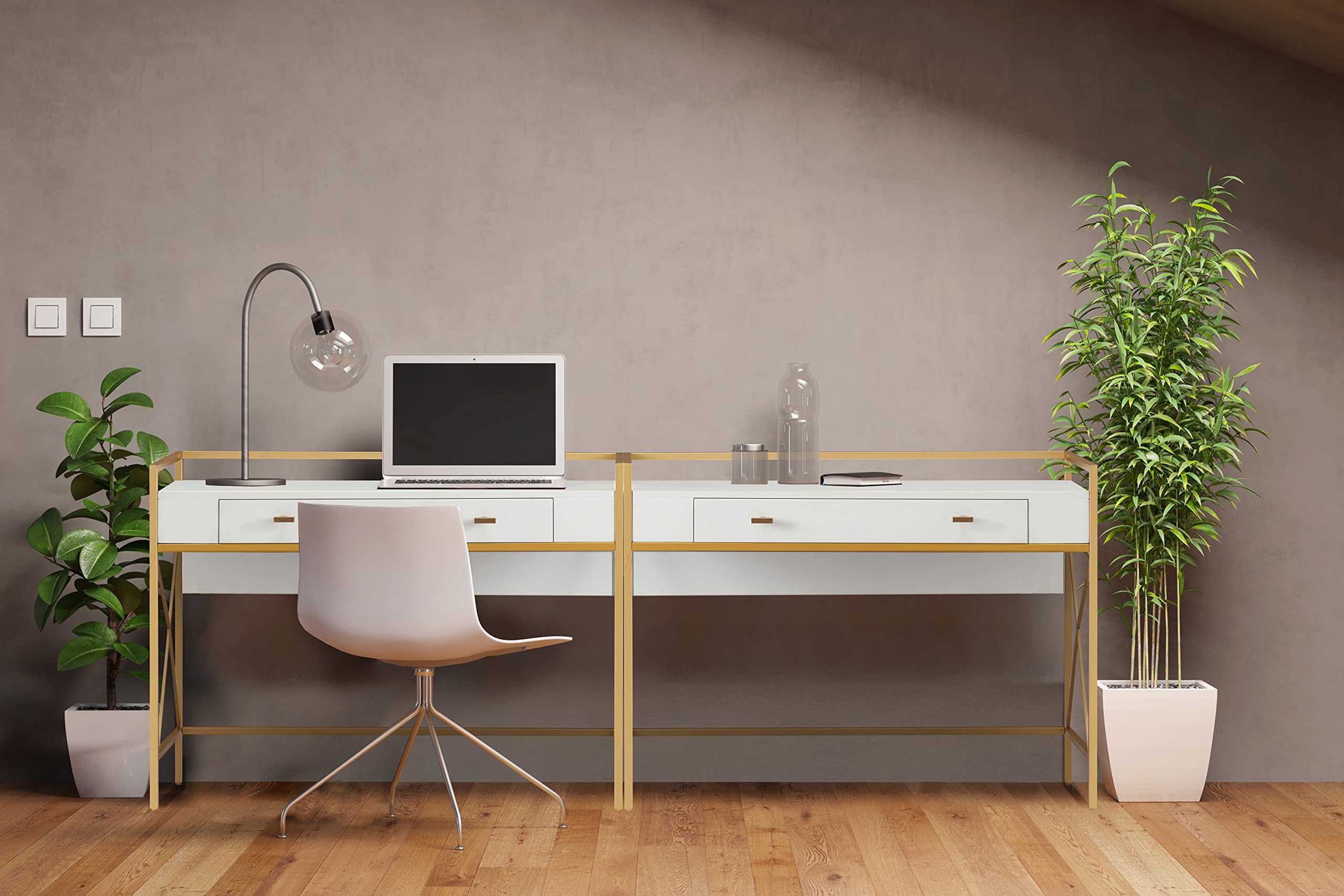 Leick Home 9240-WTGL Claudette Modern Mixed Metal & Wood Computer Desk with Drop-Front Keyboard Tray - White & Satin Gold Finish | Perfect for Home Office, Study Room & Small Spaces