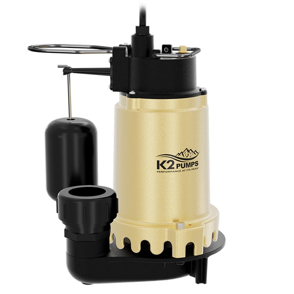 K2 Pumps SPI07502K 3/4HP Cast Iron Submersible Sump Pump with Quick Connect Fitting & Vertical Float Switch - Ideal for Basement Flood Prevention and Water Drainage