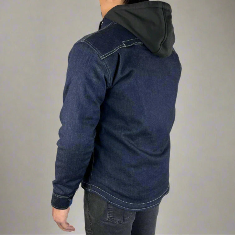 Men's Armored Denim Shirt with Removable Hoodie - Stylish Protective Jacket for Motorcycle Riding & Outdoor Adventures