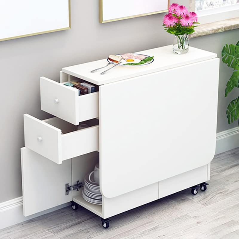 Modern Wood Pedestal Dining Table with Drop Leaf - Foldable Kitchen Table, White (55.1