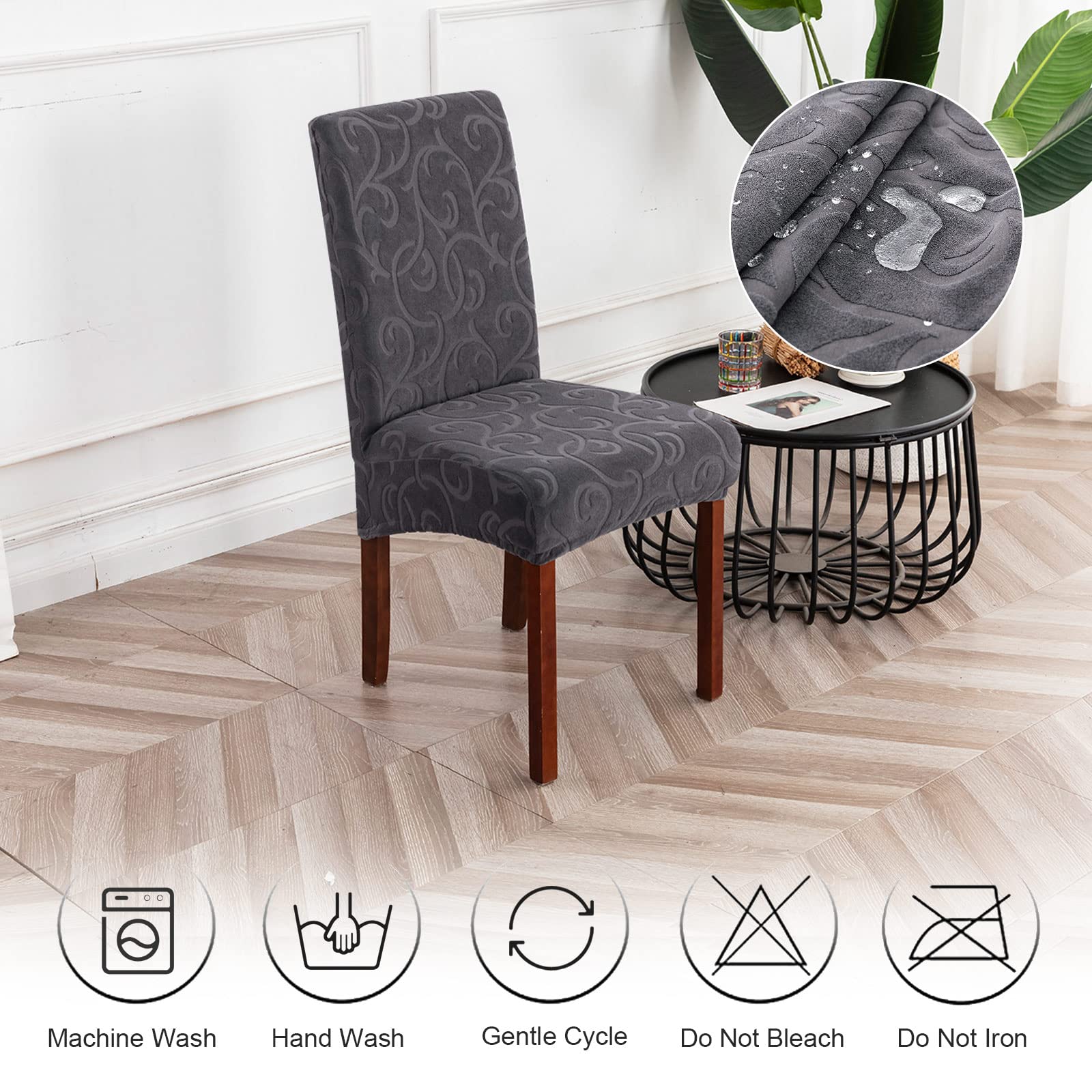 Waterproof Stretch Parsons Chair Slipcovers - 6 Pack Washable Dining Room Chair Covers for Kitchen, Removable & Durable Seat Protectors (Flower Pattern Dark Gray) - Perfect for Home, Restaurant, and Outdoor Use