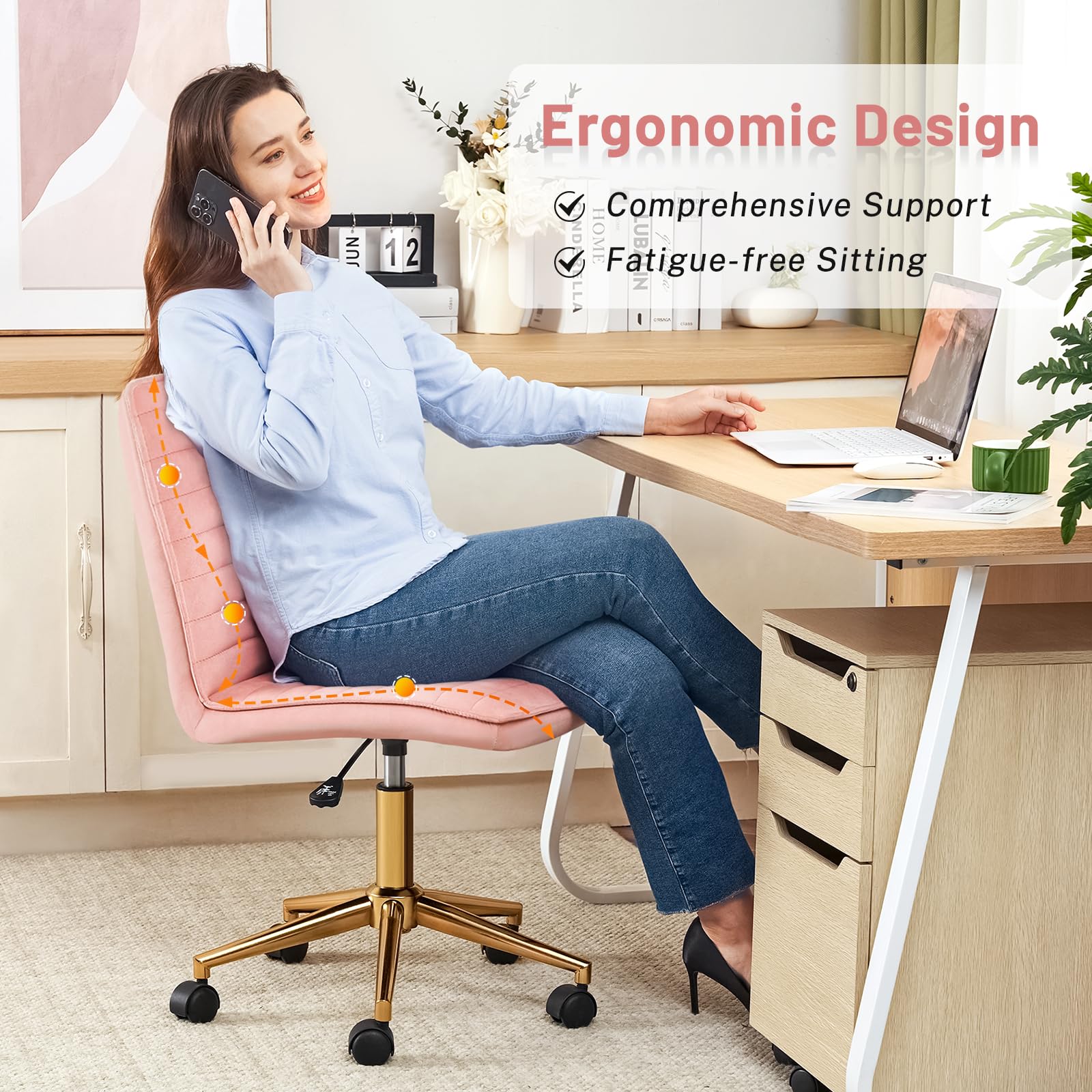 Furniliving Armless Vanity Chair with Wheels - Adjustable Height Soft Velvet Rolling Desk Chair with Gold Metal Base (Pink) | Perfect for Makeup Vanity, Home Office & Computer Workstation