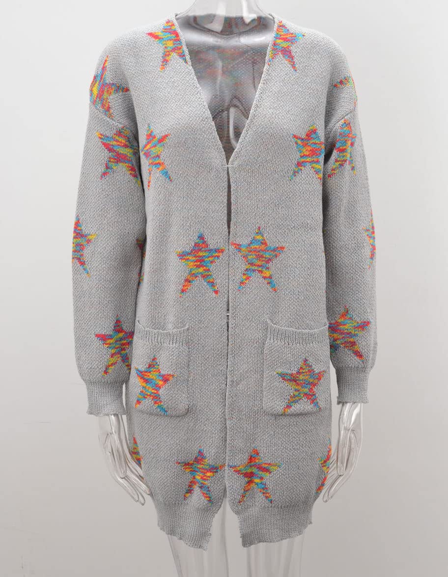 Women's Star Print Long Sleeve Open Front Cardigan Sweater with Pockets - Cozy Fall & Winter Layering Piece for Casual Outfits