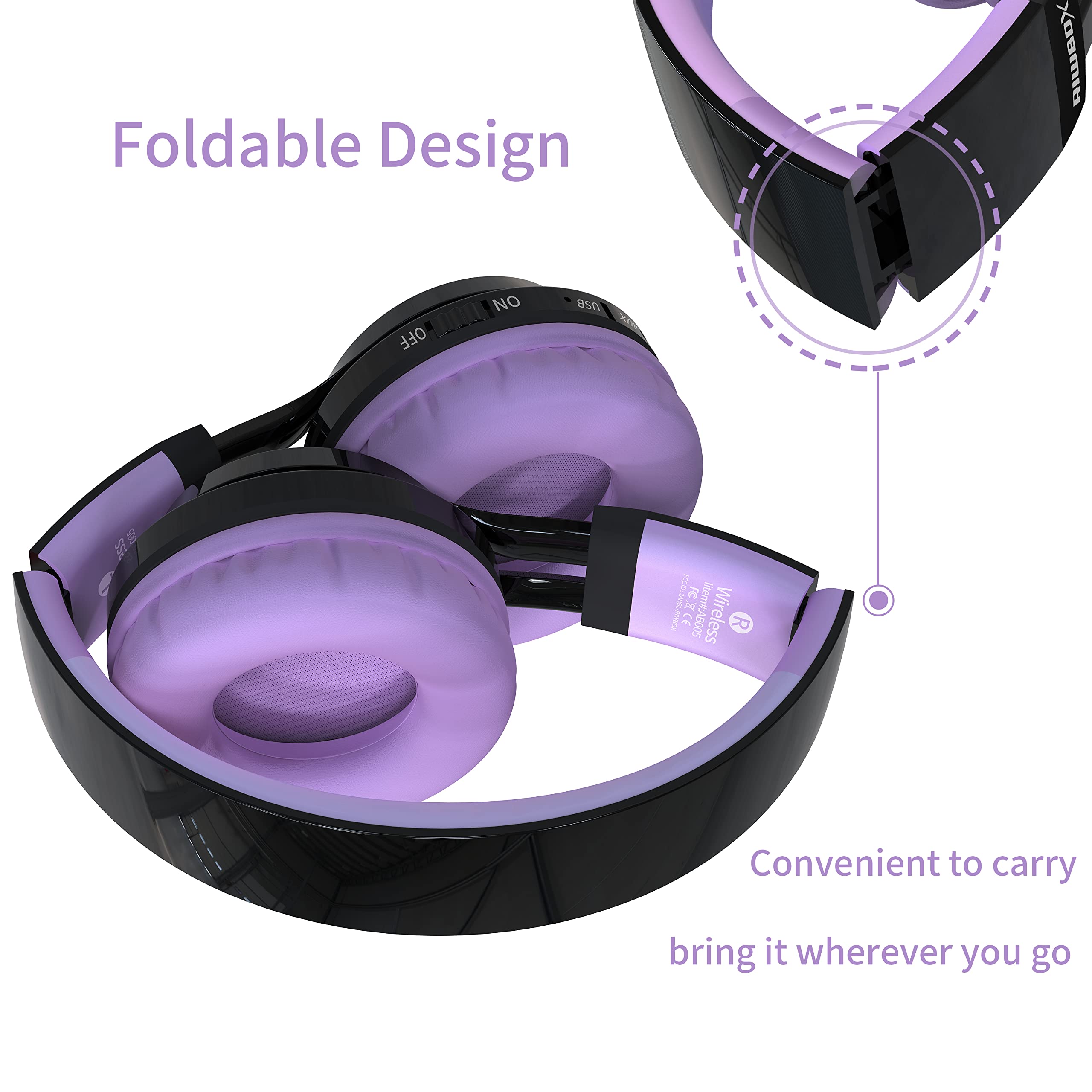 Riwbox AB005 Wireless Bluetooth Headphones for Kids with Microphone, LED Lights & FM Radio - Foldable Design, TF Card Slot - Compatible with Tablets, PC, TV (Black & Purple) - Perfect for School, Travel & Home Entertainment