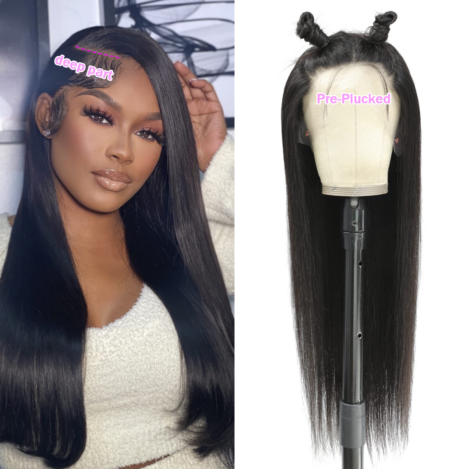 13X6 Lace Front Wigs Human Hair - Pre Plucked with Baby Hair, 30 Inch Straight Glueless HD Lace Wig, 180 Density Transparent Lace Frontal for Women (Natural Black) - Perfect for Daily Wear, Cosplay & Special Occasions