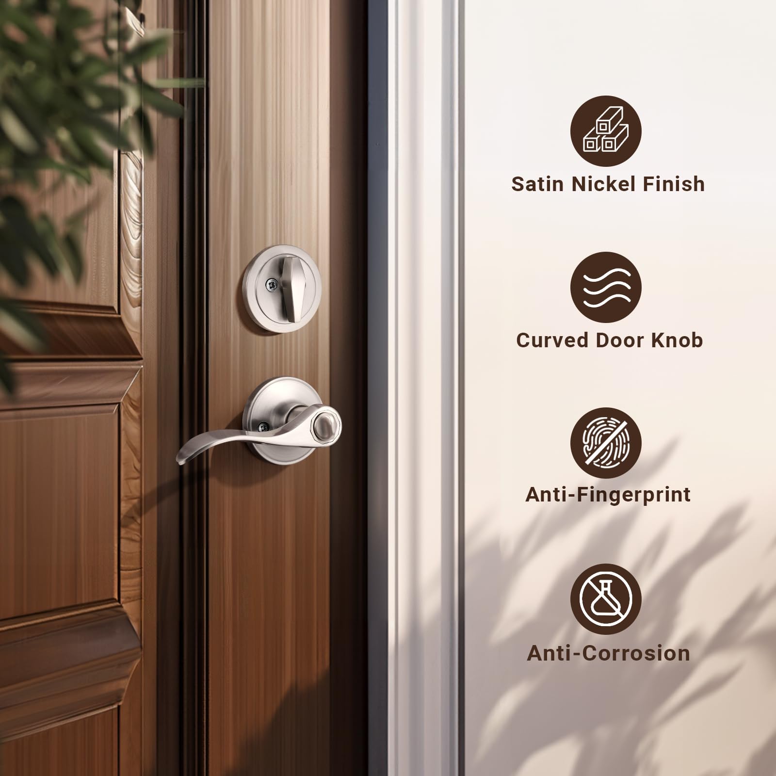 Keyed Alike Door Handle and Deadbolt Locksets - Brushed Nickel Exterior Door Handles with Single Deadbolt - Secure Front Entry Door Locksets (2 Pack) - Perfect for Home, Office, and Apartment Security
