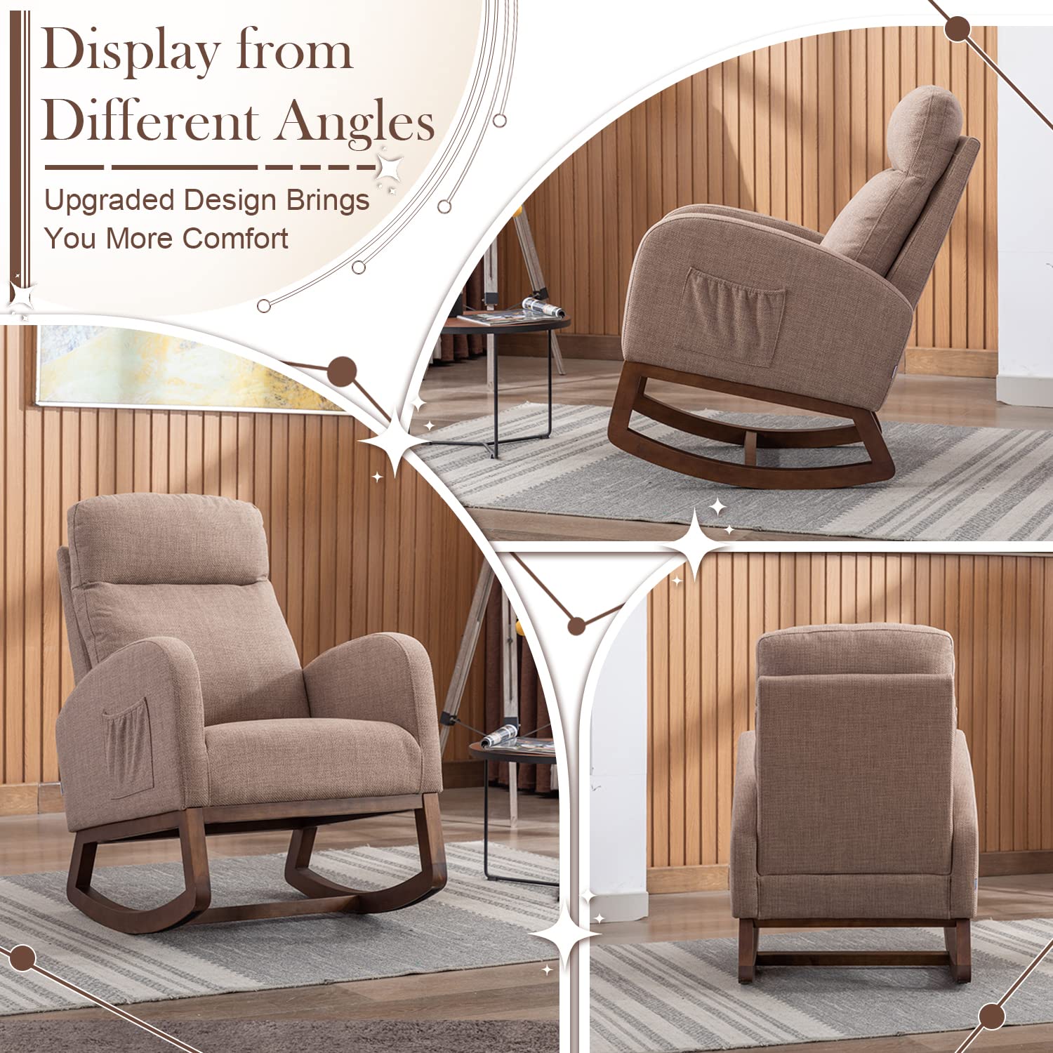 Antetek Modern Upholstered Rocking Chair - Nursery Glider Rocker with Side Pocket, Comfortable High Back Armchair with Headrest for Living Room, Bedroom & Nursery - Perfect for Breastfeeding, Reading & Relaxing (Camel)